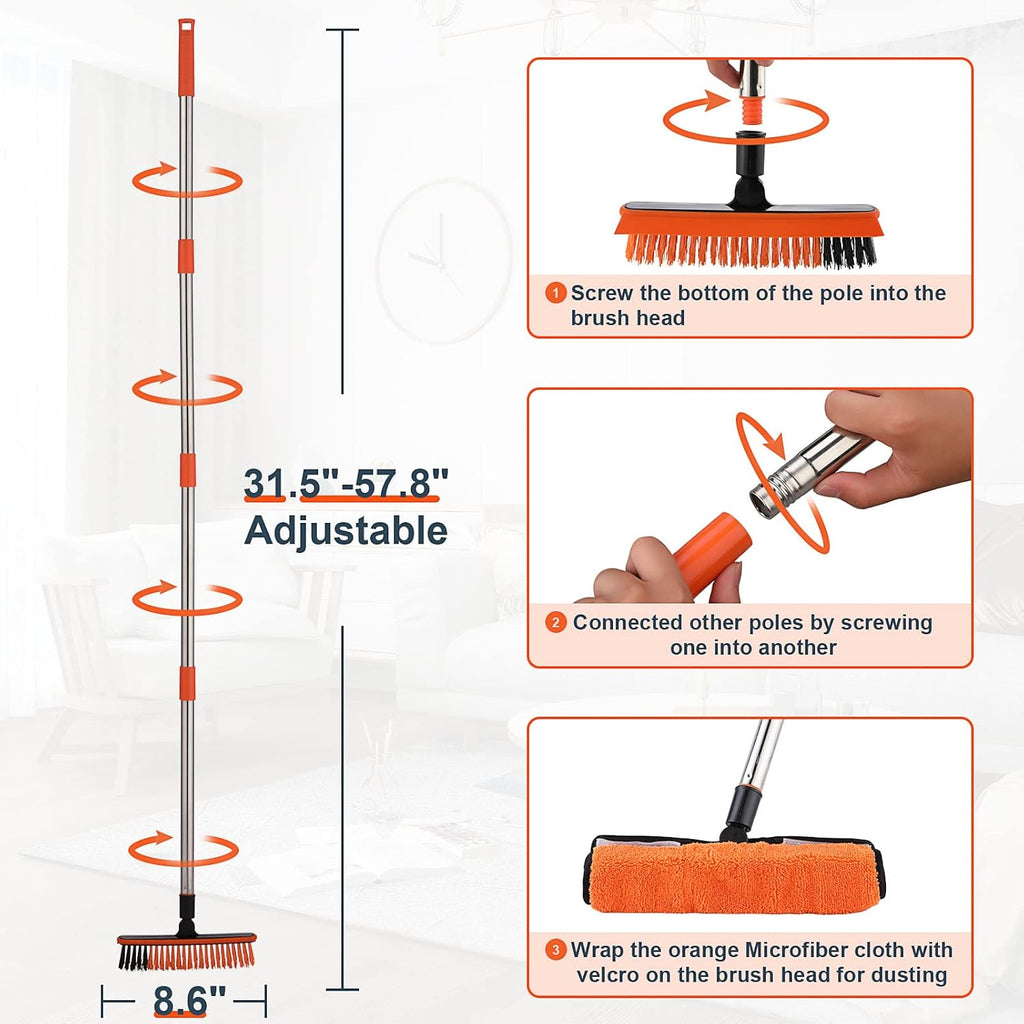 2 in 1 Floor Scrub Brush Grout Brush with 57.8" Long Handle,120°Rotatable Shower Tile Grout Cleaner Scrubber,V-Shaped Corner Brush for Hard to Reach Areas (Orange)