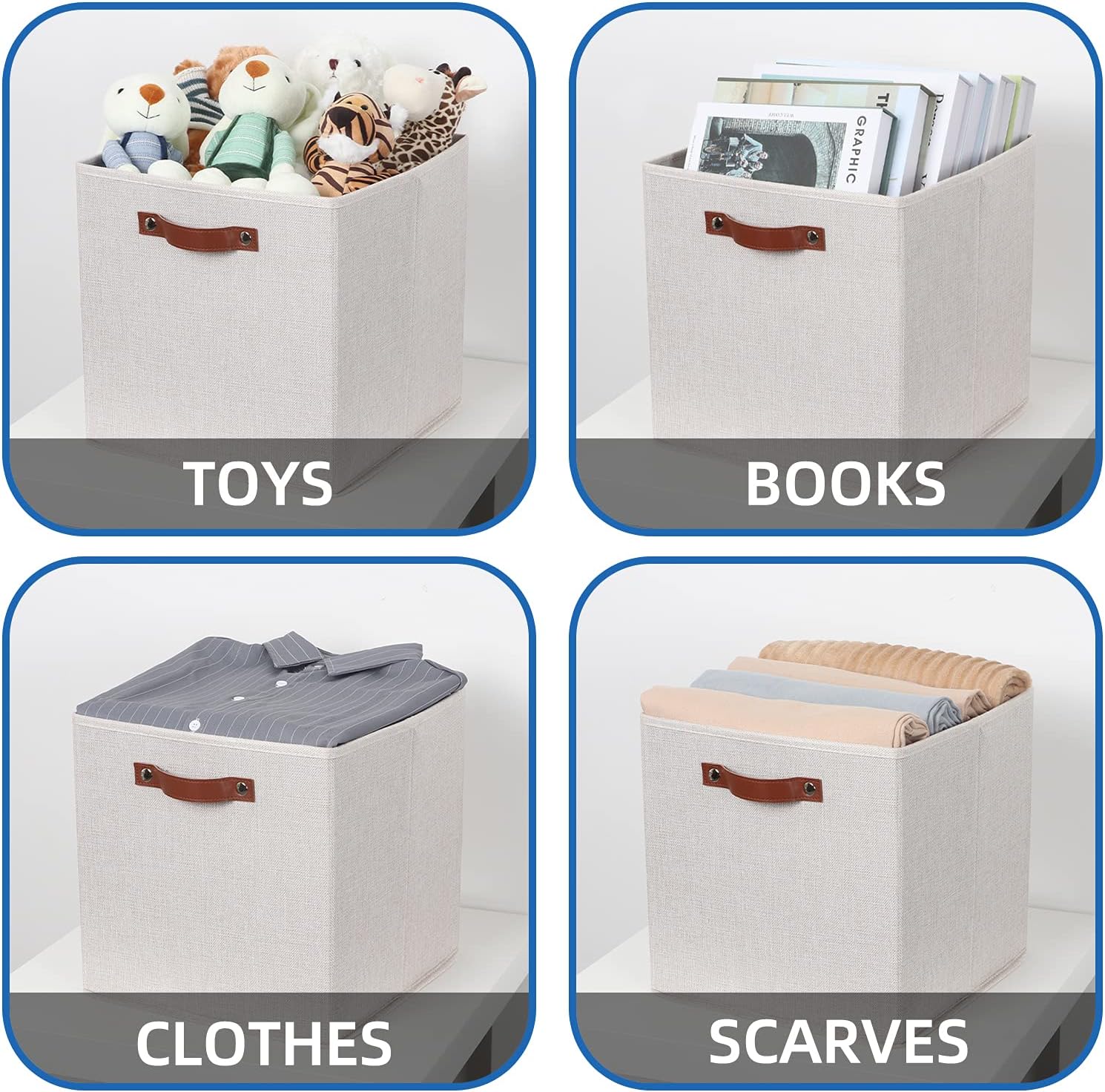Temary Fabric Storage Cubes Storage Bins with Dual Leather Handles, 4 Pack Cube Baskets 13x13 Foldable Cube Organizers for Shelves, Home, Office, Nursery