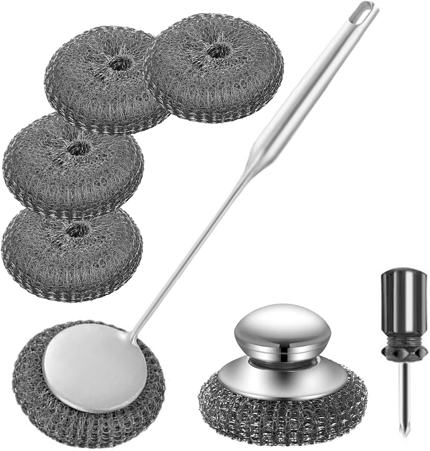 Stainless Steel Wool Metal Wire Scrubber Sponge Scouring Pads Brush Set with Handle for Cleaning Dishes,Pots and Pans,Kitchen Cast Iron,Stoves, Sink,Cooking Tools,Silver（9pcs）