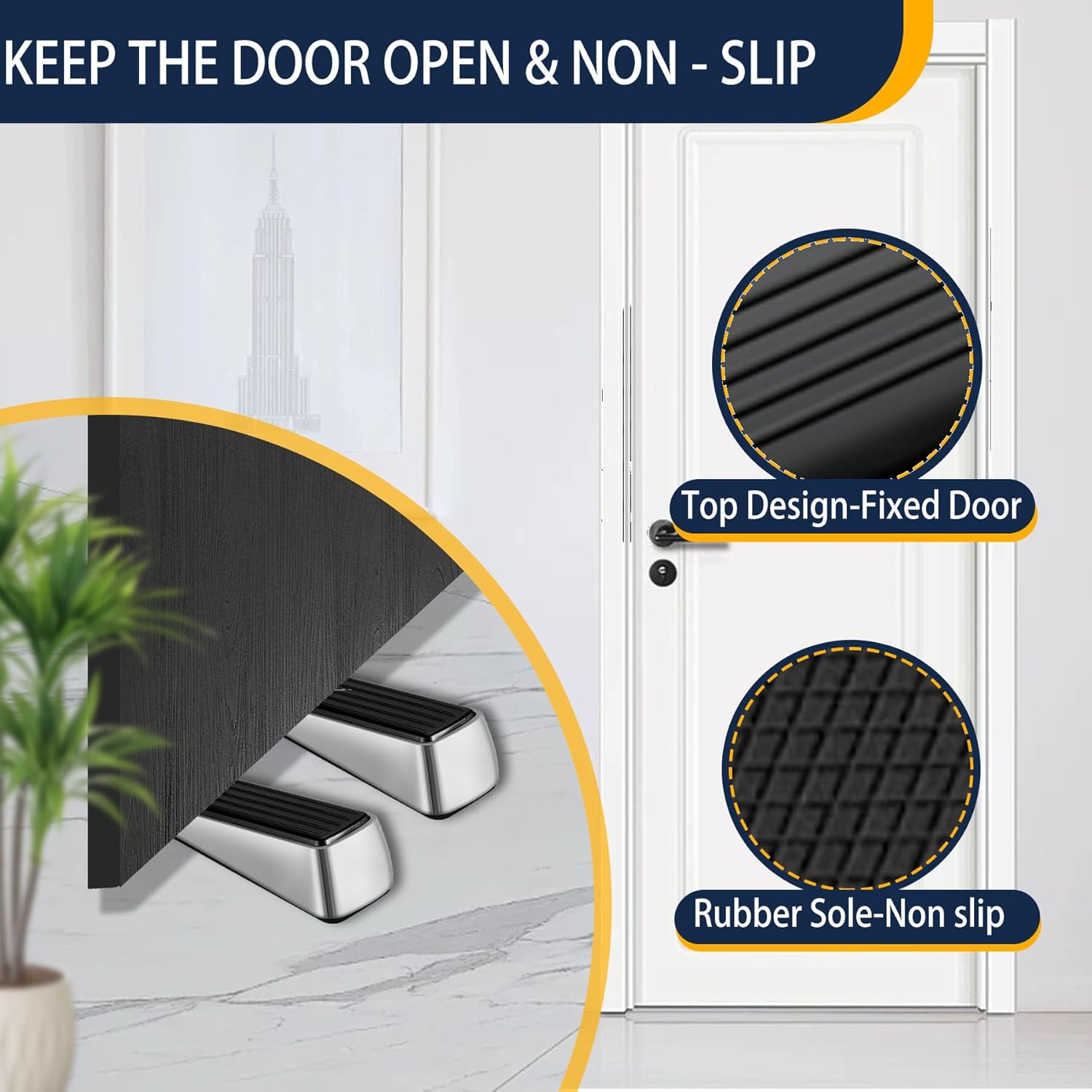 Strongest Door Stopper for Bottom of Door, Heavy Duty Door Stop Wedge Made of Premium Quality Zinc and Rubber Suits Any Heavy Door Any Smooth Floor