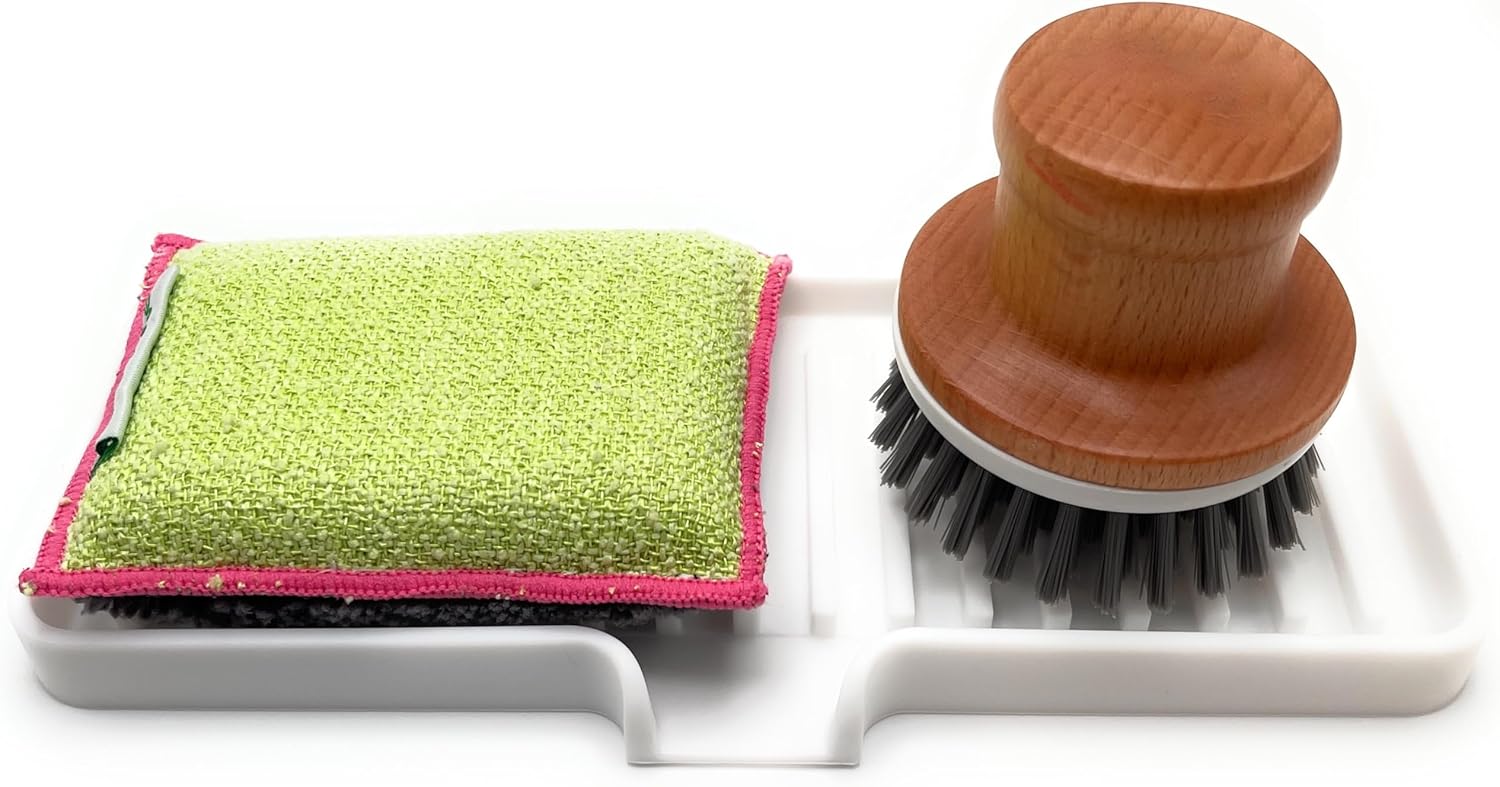 Happitasa Silicone Soap Dish Tray and Sponge Holder with Drain Chute | Bathroom and Kitchen Sink Organizer Caddy (White, 9"x3.5", 5.6 Ounces)