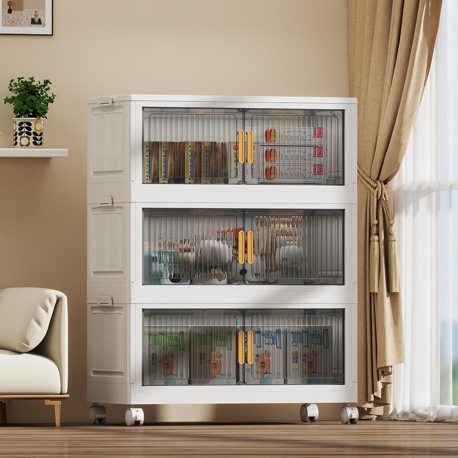 77Gal Stackable Plastic Storage Bins with Lids, Collapsible Closet Organizers and Storage with Wheels for Living Room,Office,Dorm, 30.5" W x 14.6" D x 40" H, 3 Tier