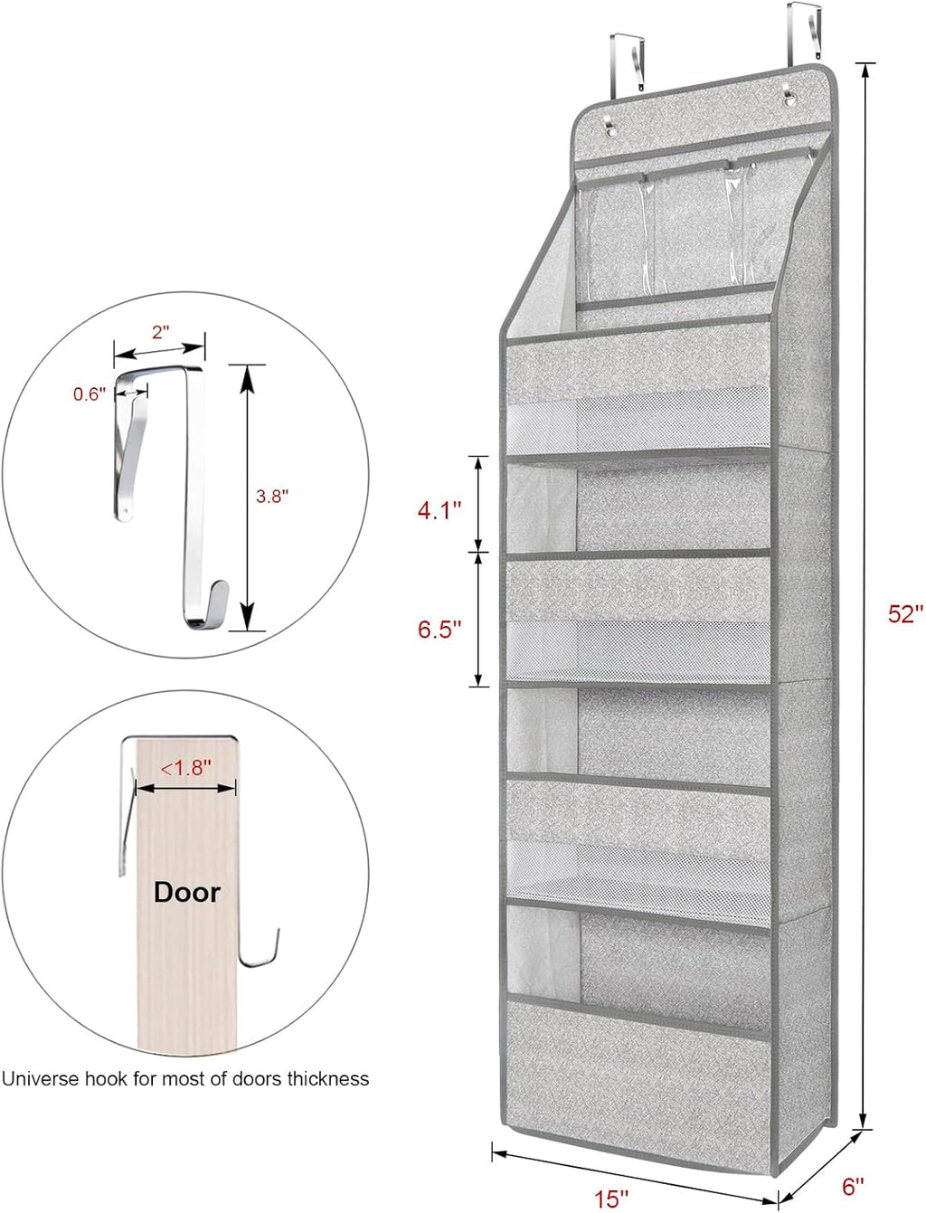 Univivi 5-Shelf Door Storage Over Door Hanging Organizer with 4 Large Pockets and 3 Small PVC Pockets Nursery Closet Cabinet Wall Mount Hanging Storage Organizers for Baby Nursery (Grey Pattern)