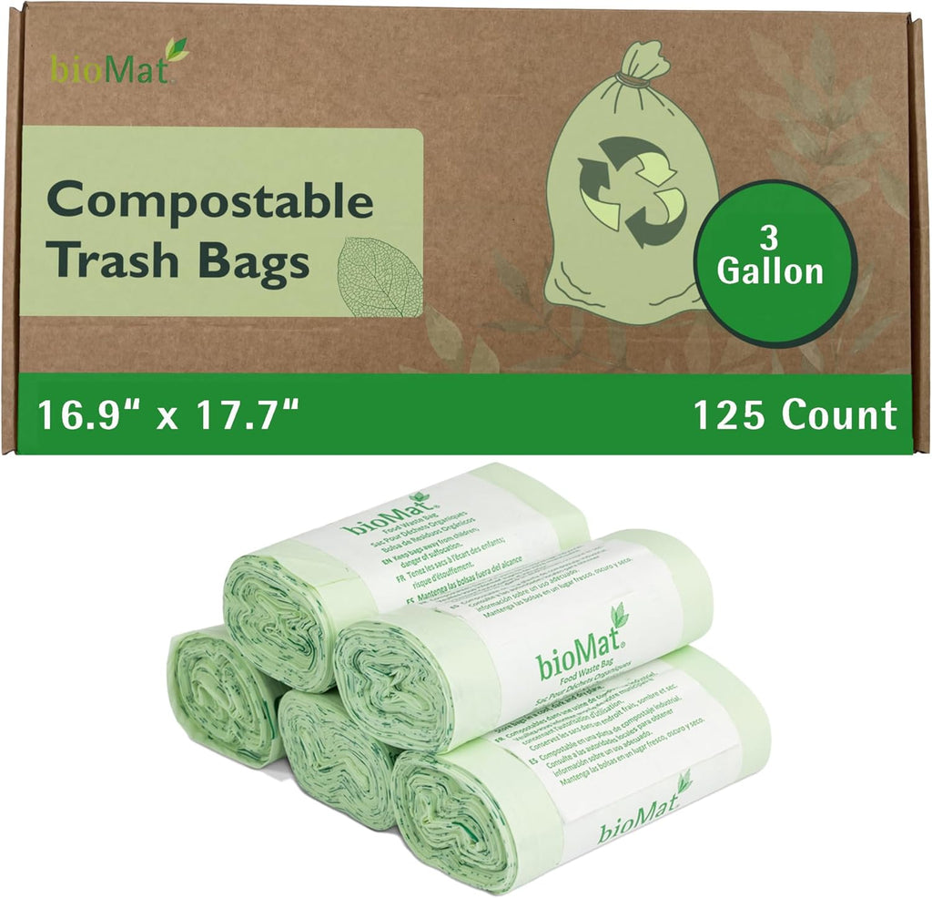 bioMat 3 Gallon Compost Bags, 125 Count, Compostable Trash Bags for Kitchen Compost Bin, BPI ASTM D6400 and CMA Certified Biodegradable Trash Bags