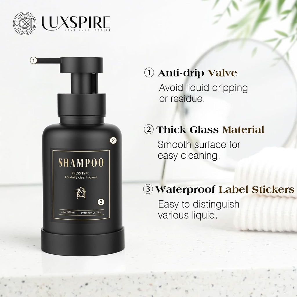 Luxspire Foaming Soap Dispenser, Glass Foam Pump Soap Dispenser, Non-Slip Silicone Sleeve & 5 Waterproof Labels, 15 Oz Refillable Liquid Bottle for Bathroom & Kitchen, Black+White, 2 Pack