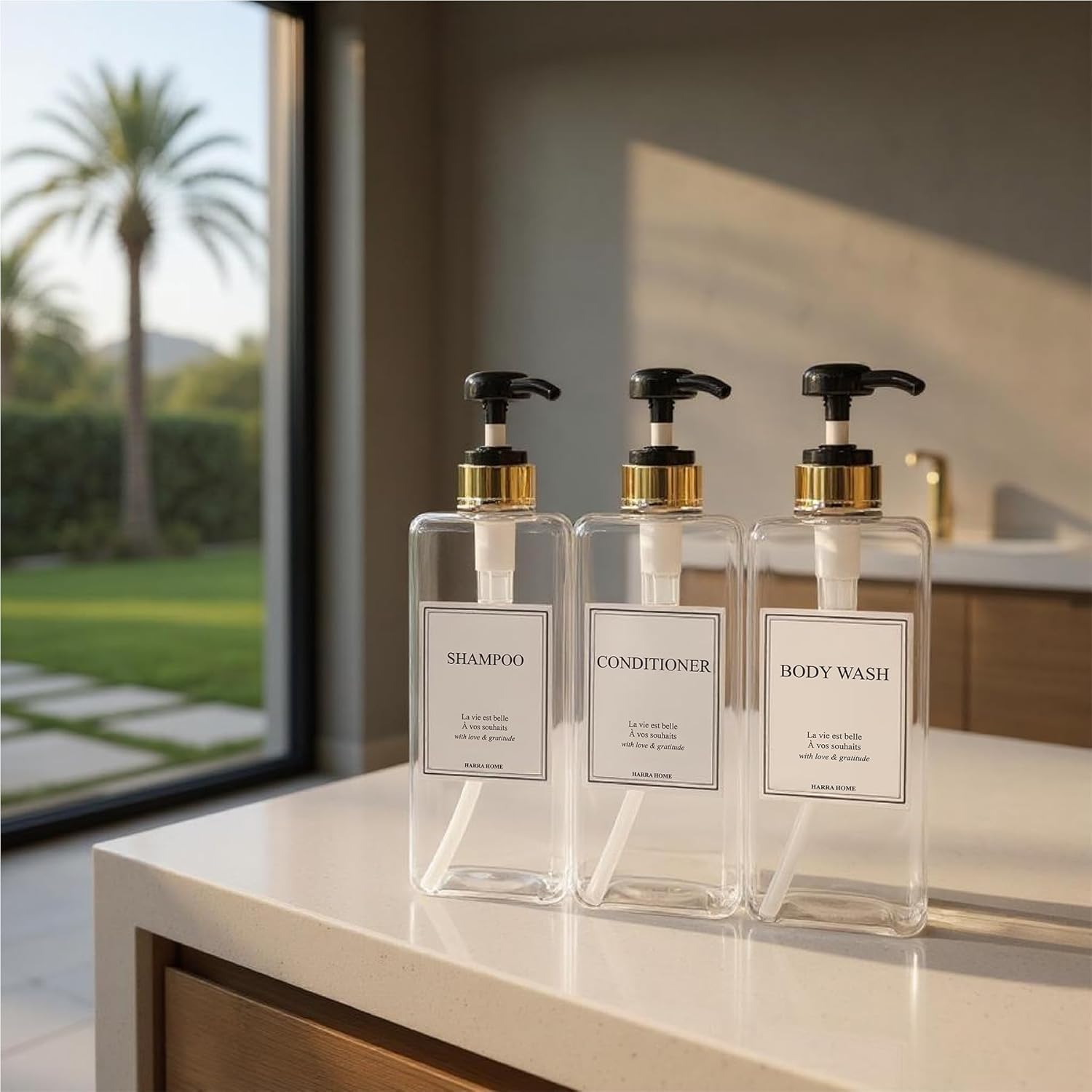 Modern Gold Design Large 27 oz Shampoo and Conditioner Dispensers - Empty Plastic Refillable Pump Bottle Set for Bathroom Shower Soap Dispenser, Set of 3 (Clear & Black)