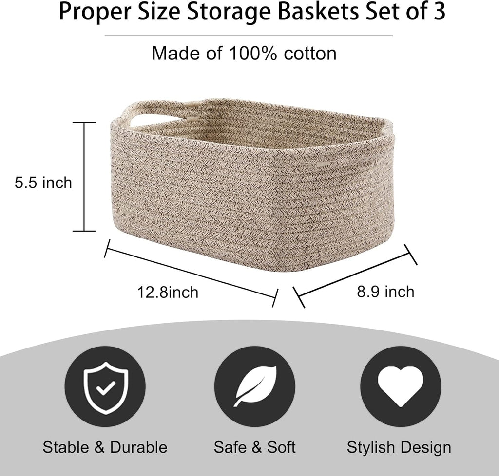 OIAHOMY Cotton Rope Baskets, Woven Baskets for Storage, Nursery Storage Baskets, Rectangle Storage Basket with Handles, Storage Baskets for Shelves, Pack of 3, Brown Variegated
