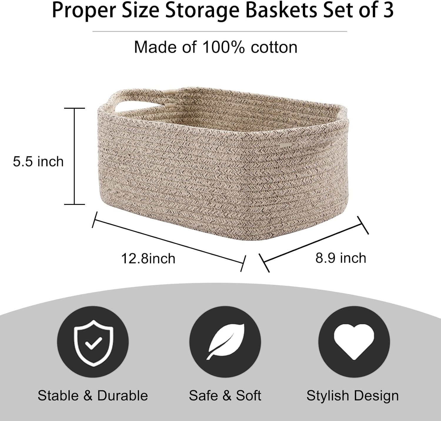 OIAHOMY Cotton Rope Baskets, Woven Baskets for Storage, Nursery Storage Baskets, Rectangle Storage Basket with Handles, Storage Baskets for Shelves, Pack of 3, Brown Variegated