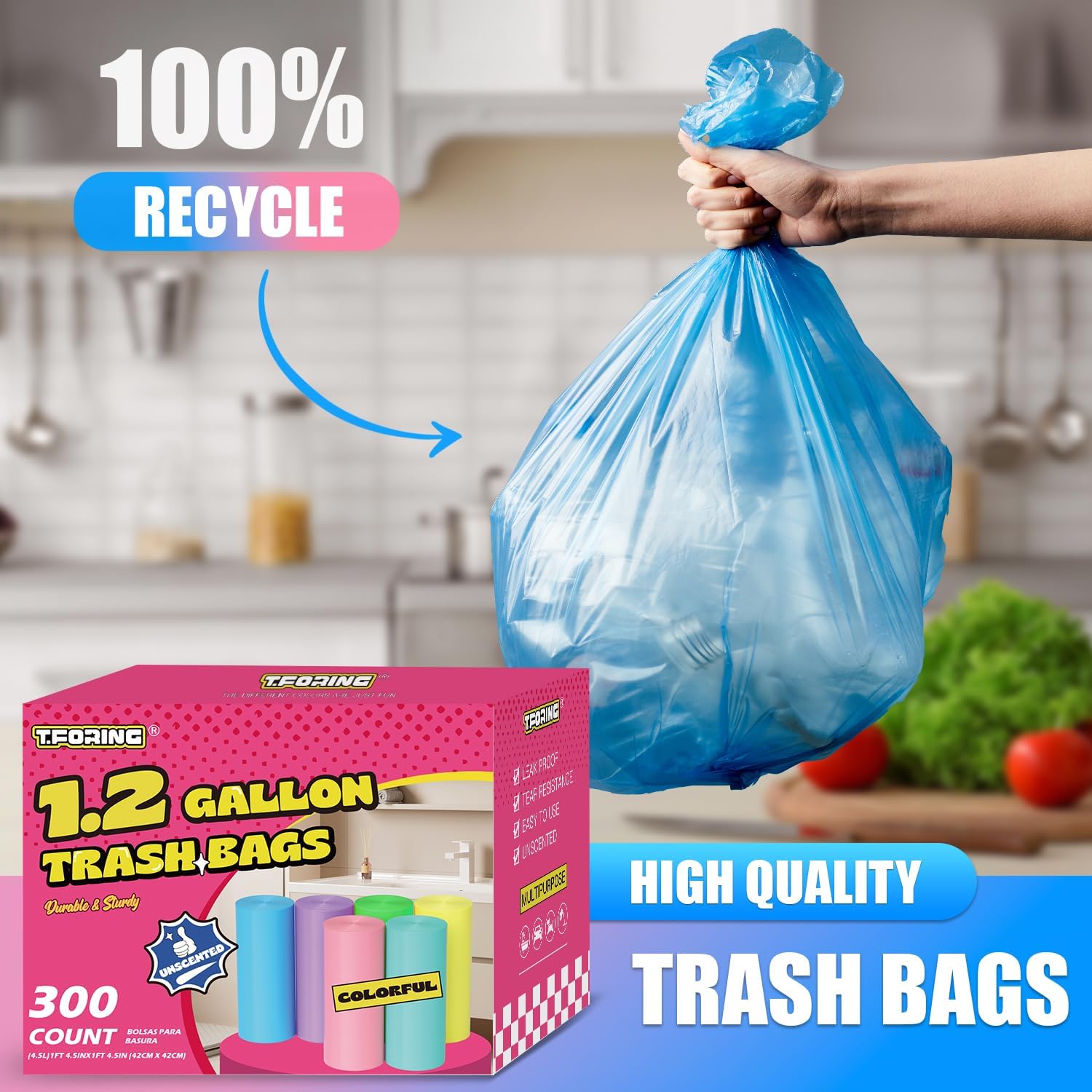 300 Count 1.2 Gallon Trash Bags - 4.5 Liter Colored Small Garbage Bags Unscented Mini Can Liners Leakproof & Tear Resistant for Bathroom, Office, Home