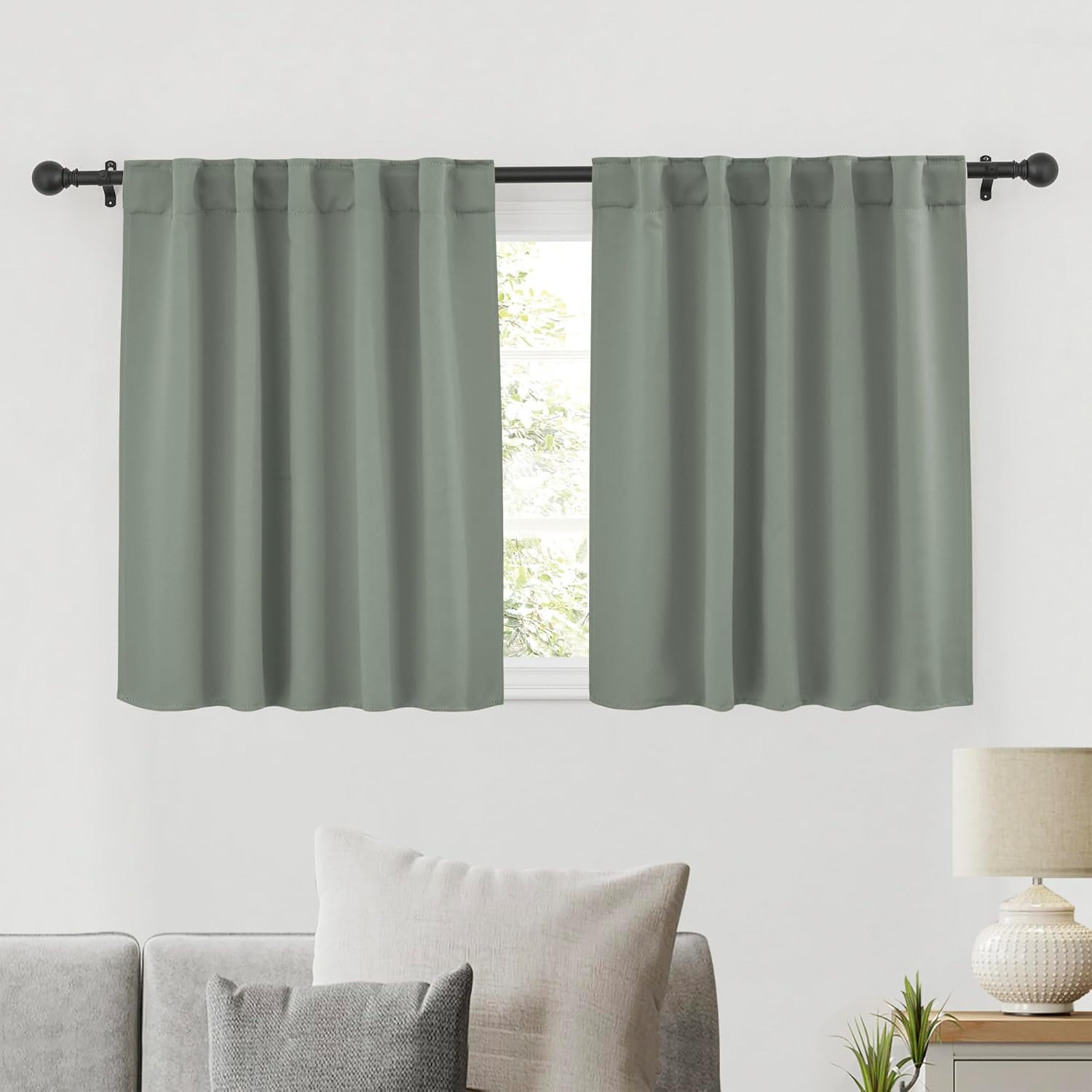 RYB HOME Sage Green Curtains, Small Window Curtains Tiers for Kitchen Bathroom, Blackout Thermal Insulated Drapes, Privacy UV Protection Short Window Treatment, W42 x L36, 2 Panels