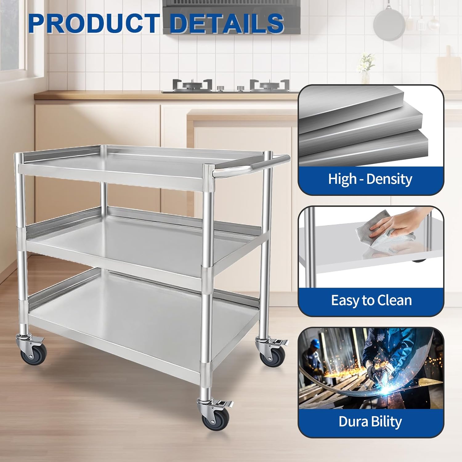 3-Shelf Stainless Steel Rolling Utility Cart - Heavy-Duty Metal Mobile Storage with Handle & Locking Wheels - Ideal for Kitchen, Medical, Lab, Restaurant & Home Use (16''x24''x34'')
