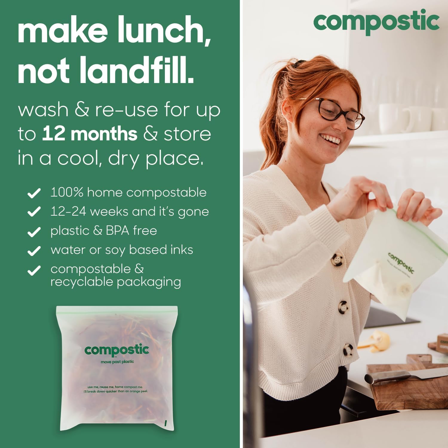 Compostic Home Compostable Resealable Snack Bags (6"x 3.5"), Microwave & Freezer Safe, Organic Food Storage Container, 30 Count (Pack of 2)