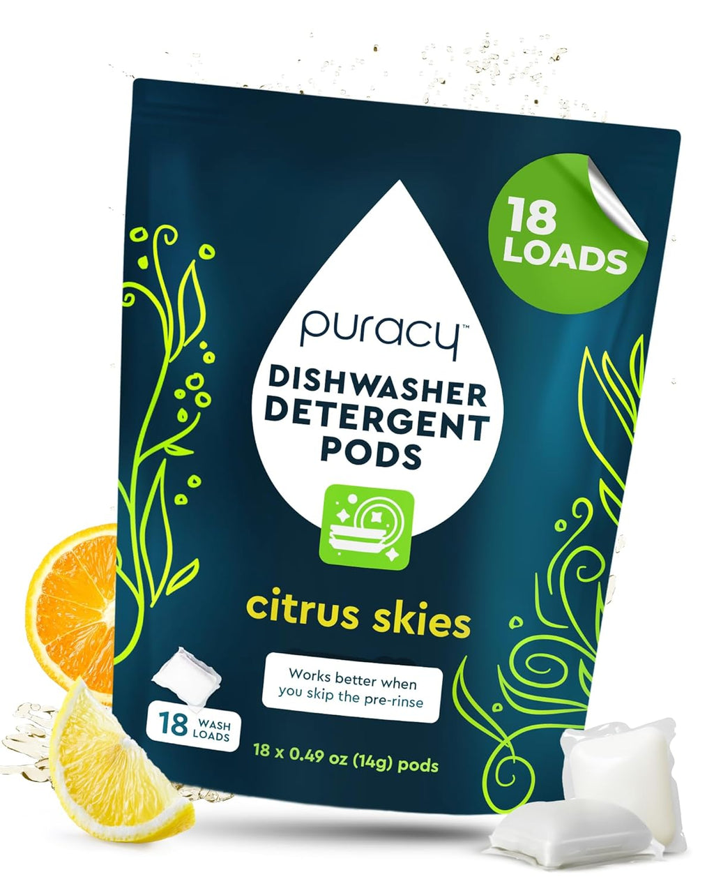 Puracy Dishwasher Pods, Natural Dishwasher Detergent, Free & Clear Dish tabs - Enzyme-Powered, Spot & Residue Free - TikTok Trend Items, Must Haves from TikTok Made Me Buy It (Citrus Skies, 18 Count)