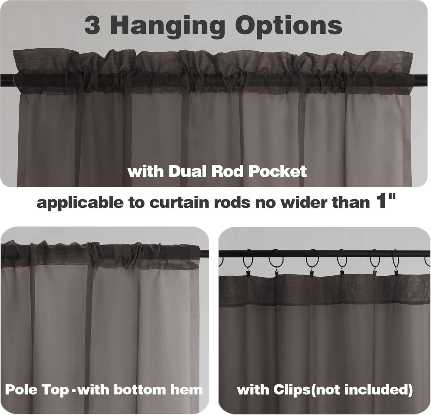 Chyhomenyc Black Sheer Curtains 45 Inches Length 2 Panels, Light Filtering Soft Airy Curtain Drapes for Bathroom Living Room Bedroom Small Windows, Each 42W x 45L inches