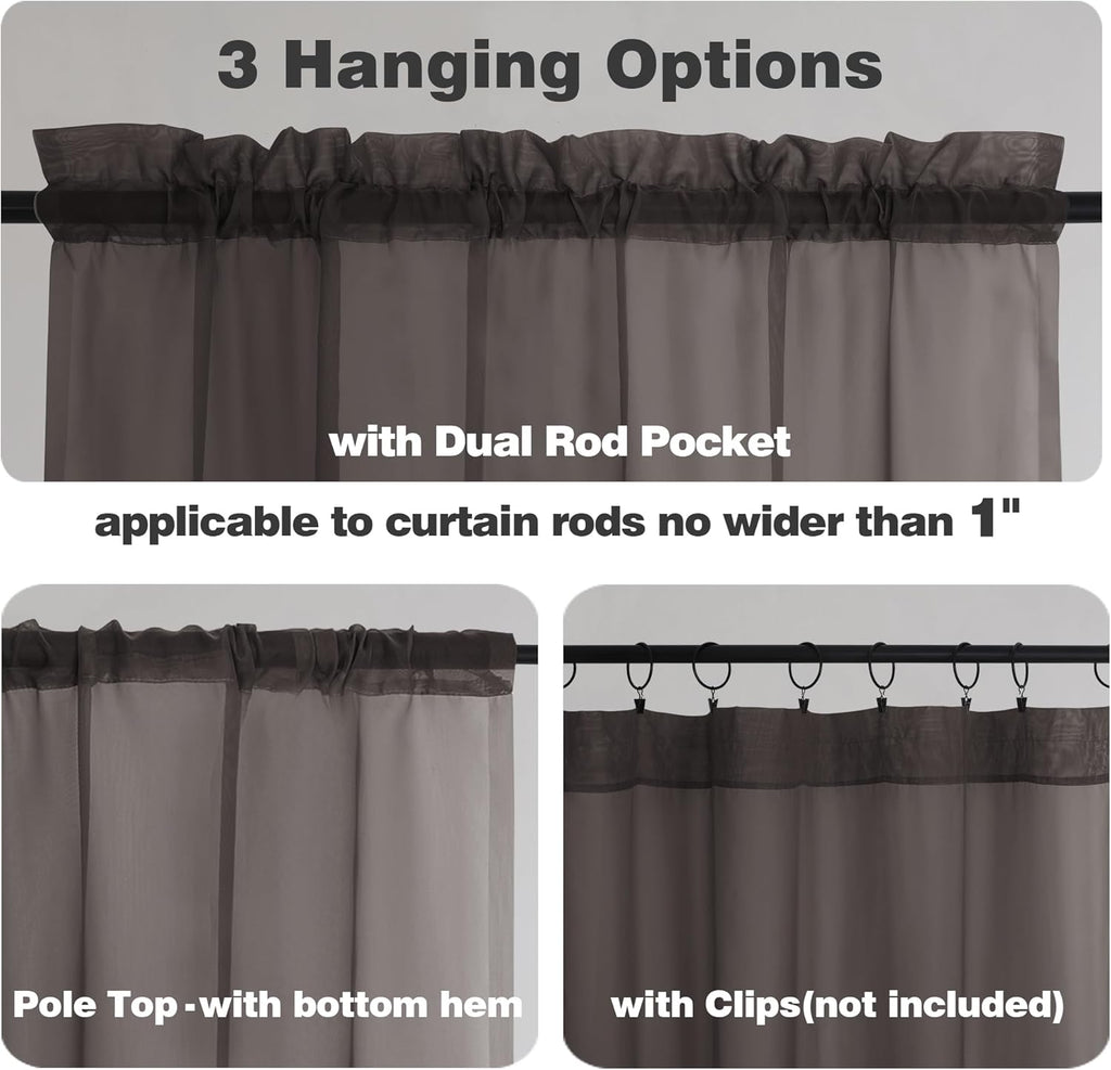 Chyhomenyc Chocolate Brown Sheer Curtains 45 Inch Long 2 Panels, Light Filtering Rod Pocket Voile Short Curtains Drapes for Living Room Bedroom Small Windows, 42Wx45L Inches