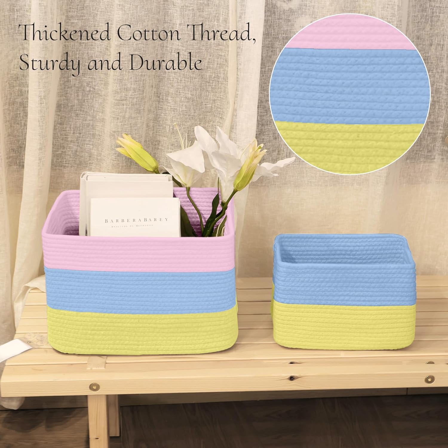 Hopegiver Woven Storage Baskets 15x11x10 Inch, 1 Pack Collapsible Cube Storage Bin for Shelves - Foldable Cotton Rope Organizer Bins for Towels, Toys, Books, Closet, Nursery (Pink Blue Yellow)