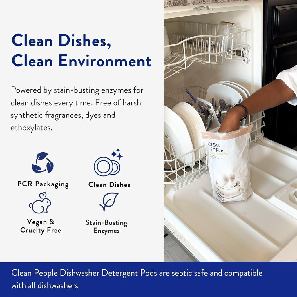 The Clean People Dishwasher Pods - Cuts Grease & Rinses Sparkling Clean - Residue-Free - Phosphate Free Dishwashing Pods (60 Count, Lemon Verbena)