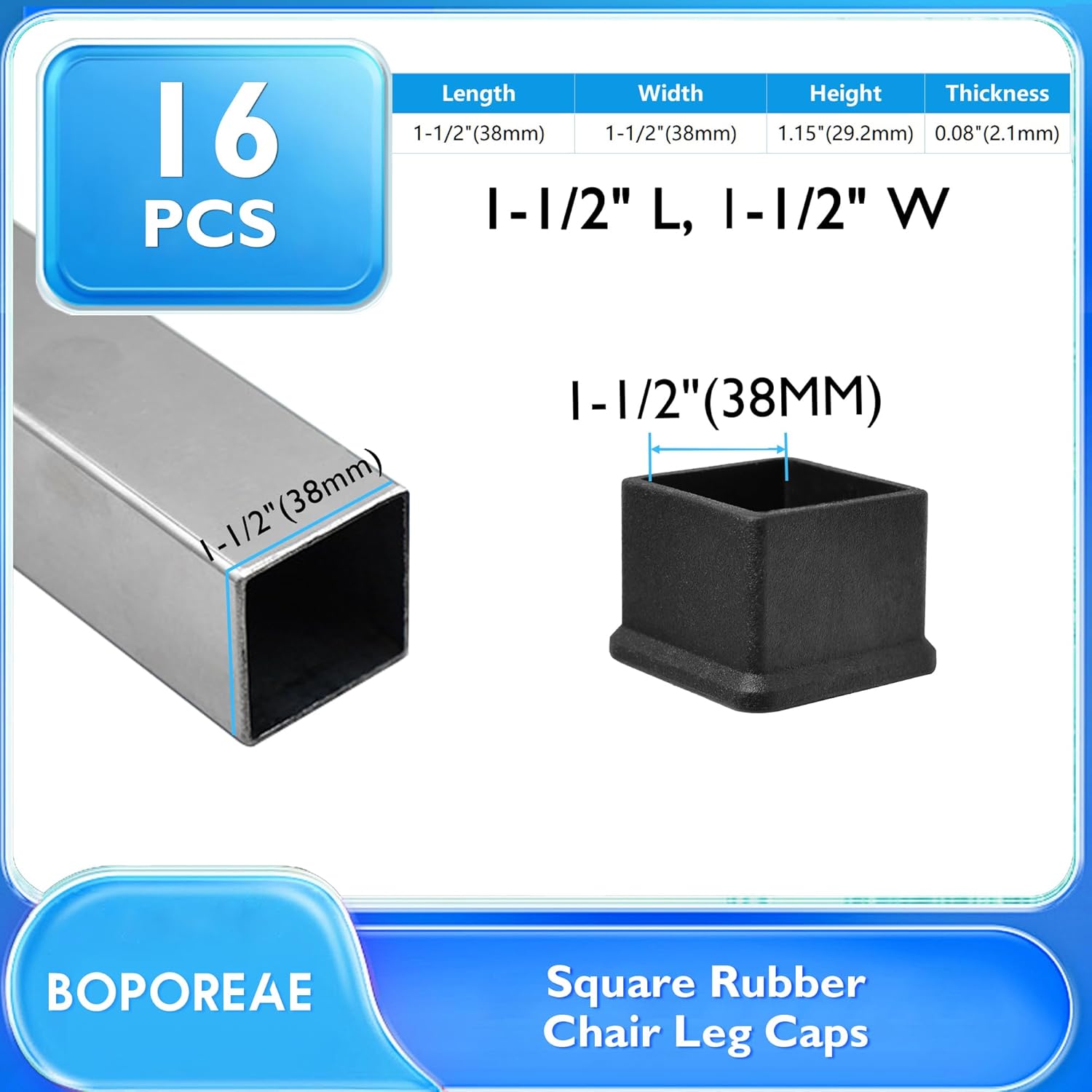 16 Pcs 1-1/2" x 1-1/2" Square Rubber Chair Leg Caps, PVC Table Leg Covers, Flexible & Anti-Slip Furniture Leg End Caps, Chair Leg Floor Protectors for Bar Stool Leg Patio Indoor, Black