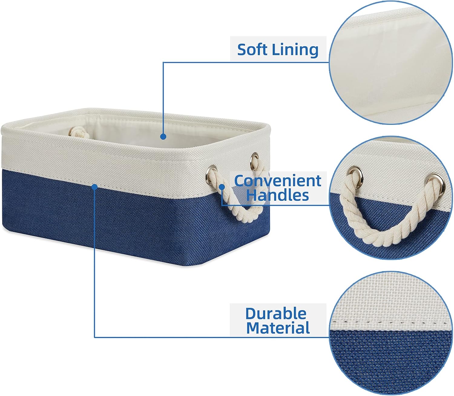 Temary Small Storage Baskets for Shelves, 6 Pcs Empty Gift Baskets for Organizing Clothes, Books, Fabric Storage Bins with Rope Handles (White&Blue,11.8 L x 7.9 W x 5.3 H inches)