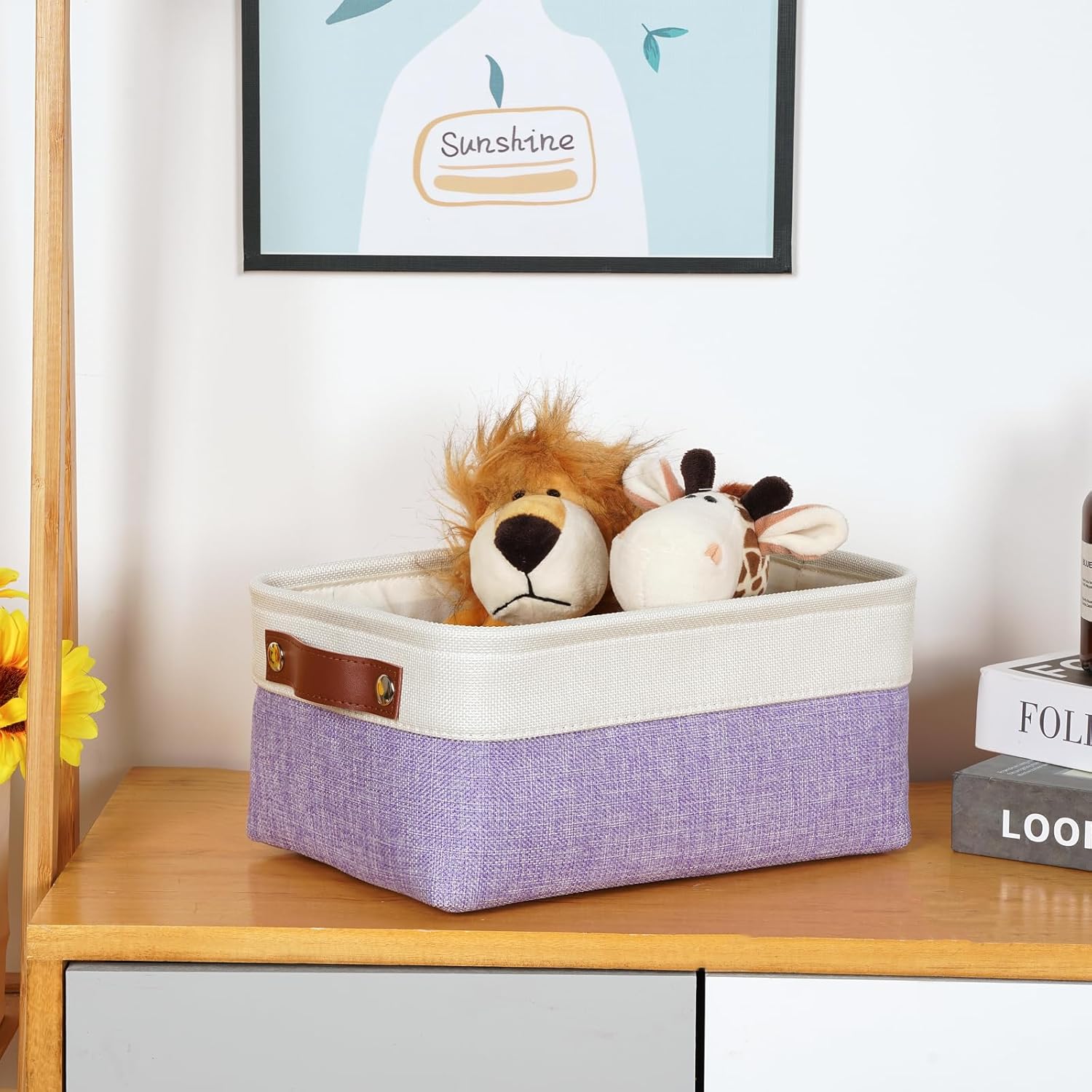 DULLEMELO Small Storage Baskets 6 Pack, Fabric Collapsible Gift Storage Baskets for Shelves, Closets, Nursery, Home, Office Organizing,Small Canvas Linen Rectangular Storage Bins (White&Purple)