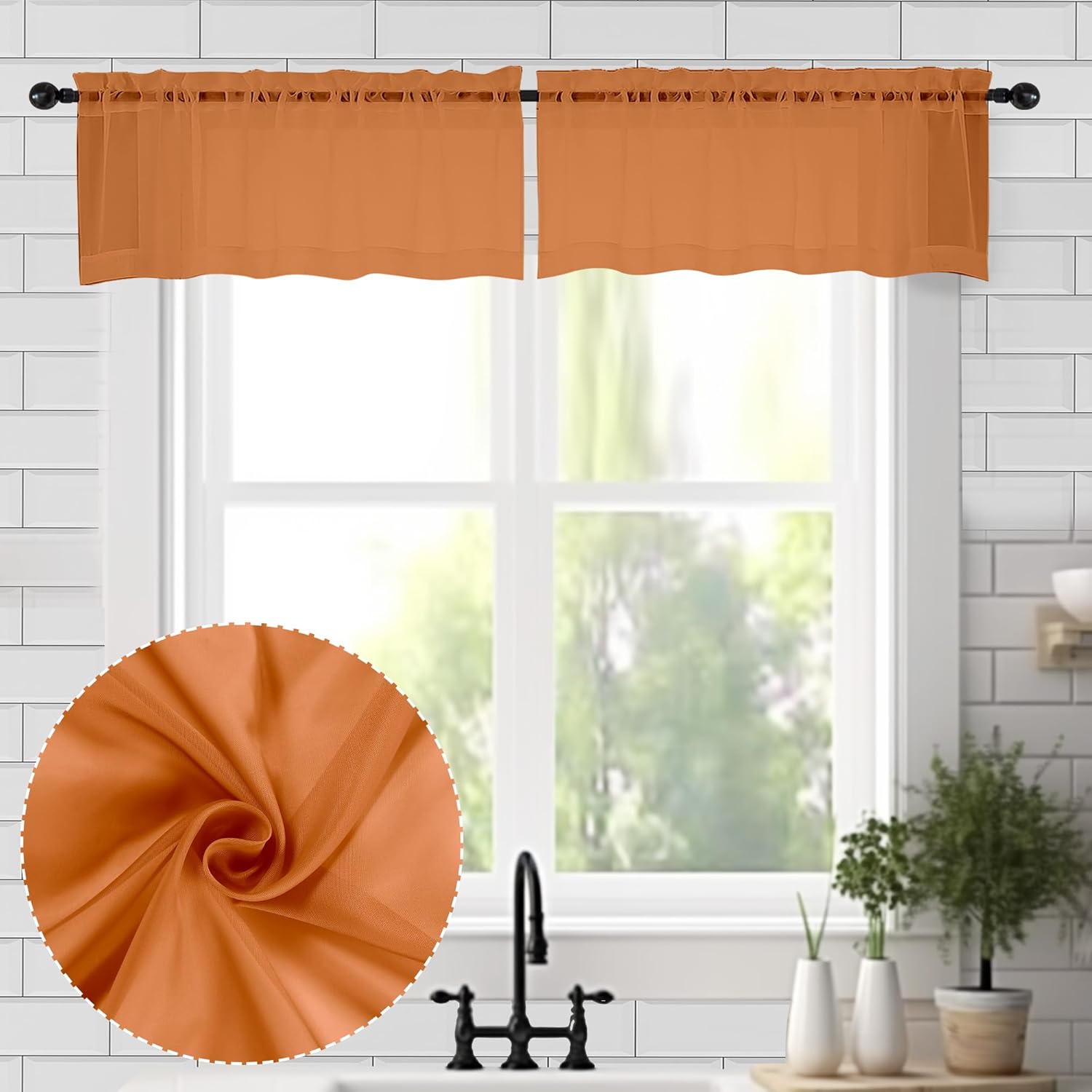 Chyhomenyc Sheer Valances for Windows 2 Pack, 42Wx14L Inches Short Valance for Living Room Bathroom Cafe Laundry Basement, Cute Orange Dual Rod Pockets Voile Valance, 1Pair