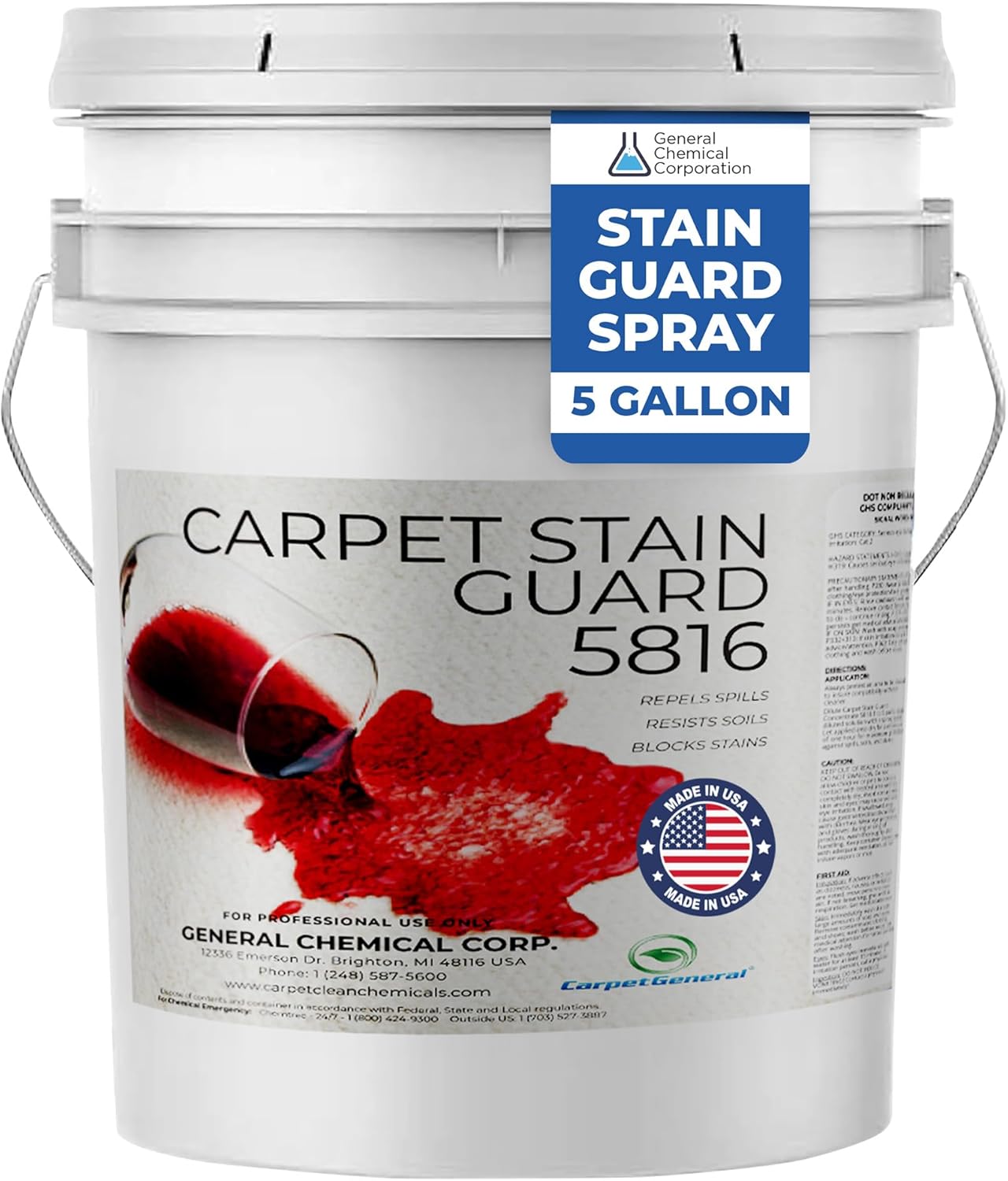 General Chemical Stain Shield Spray - Safe Fabric Protector Spritz and Stain Guard 5816 for Upholstery, Carpets, Rugs, Drapes & More - Impermeable Protectant Spray for Outdoor & Indoor Use - 5 Gallon