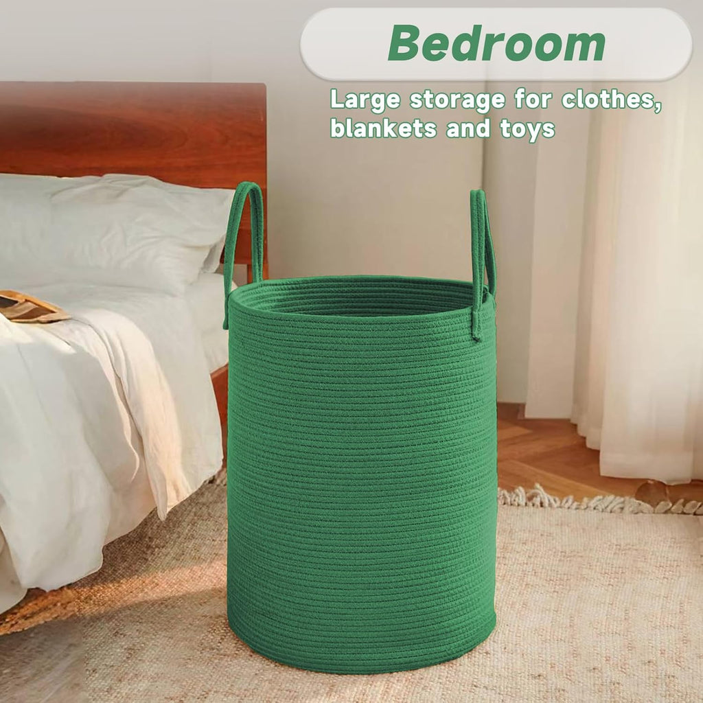 Large Woven Laundry Basket Hamper,100L Cotton Rope Storage Bin for Blankets,Toys and Clothes,Decorative Tall Nursery Hamper for Living Room,Baby Nursery,Bathroom and Bedroom,Dark Green