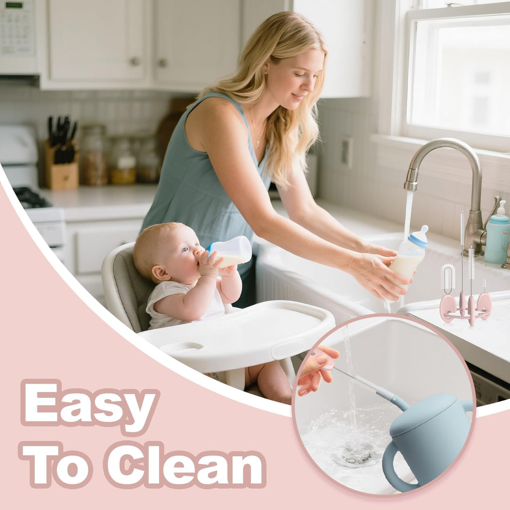 YOTIME Standing Straw Cleaner Brush Set, 4in1 Reusable Straw Brushes with Holder Ring, for Baby Bottles, Sippy Cups and Lids, Pink