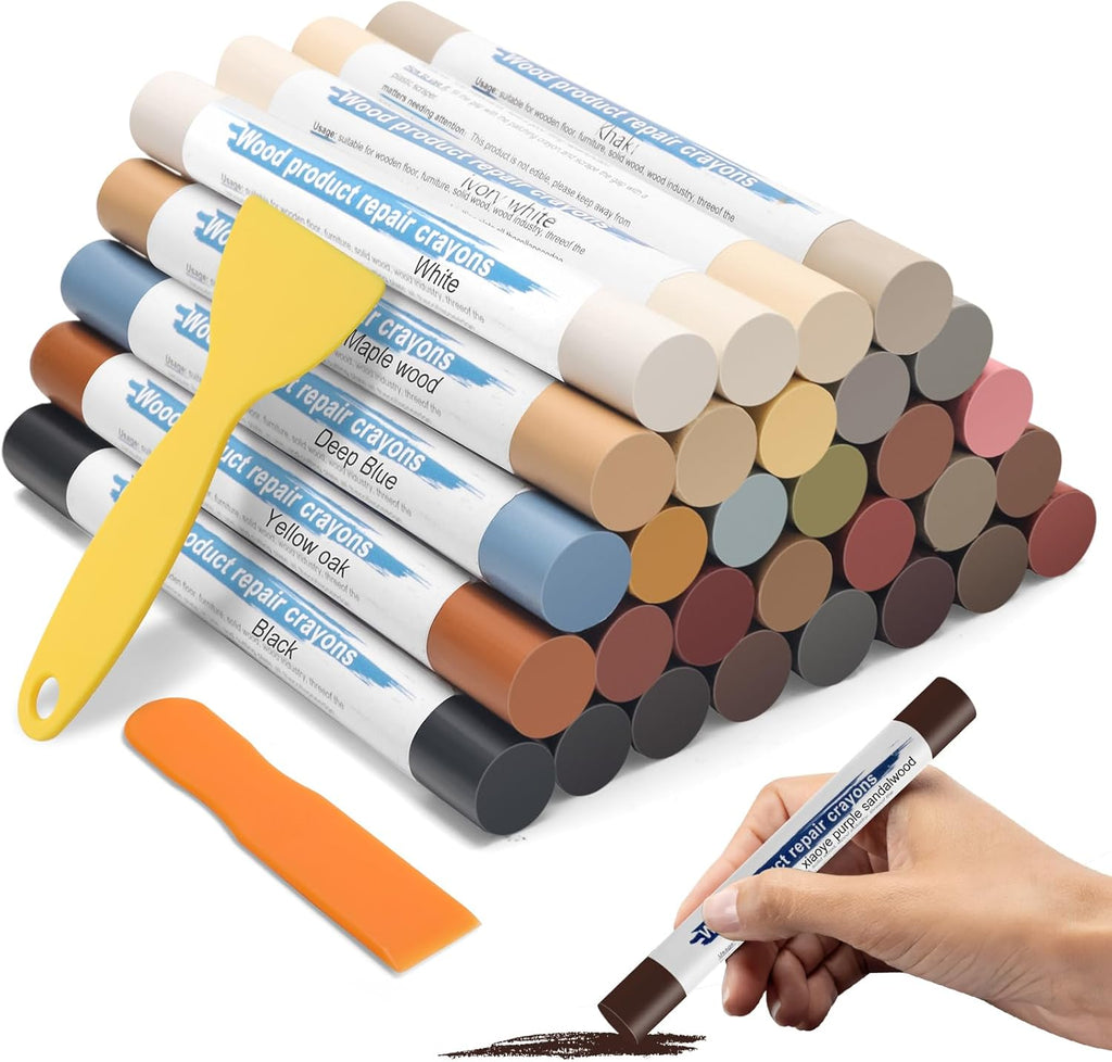 30+2P Wood Filler Sticks, Windspeed 30 Colos Wood Filler Putty Wax Crayons Furniture Repair Kit Putty Stick for Baseboard Cabinets Furniture Floors(with 2 Scrapers)