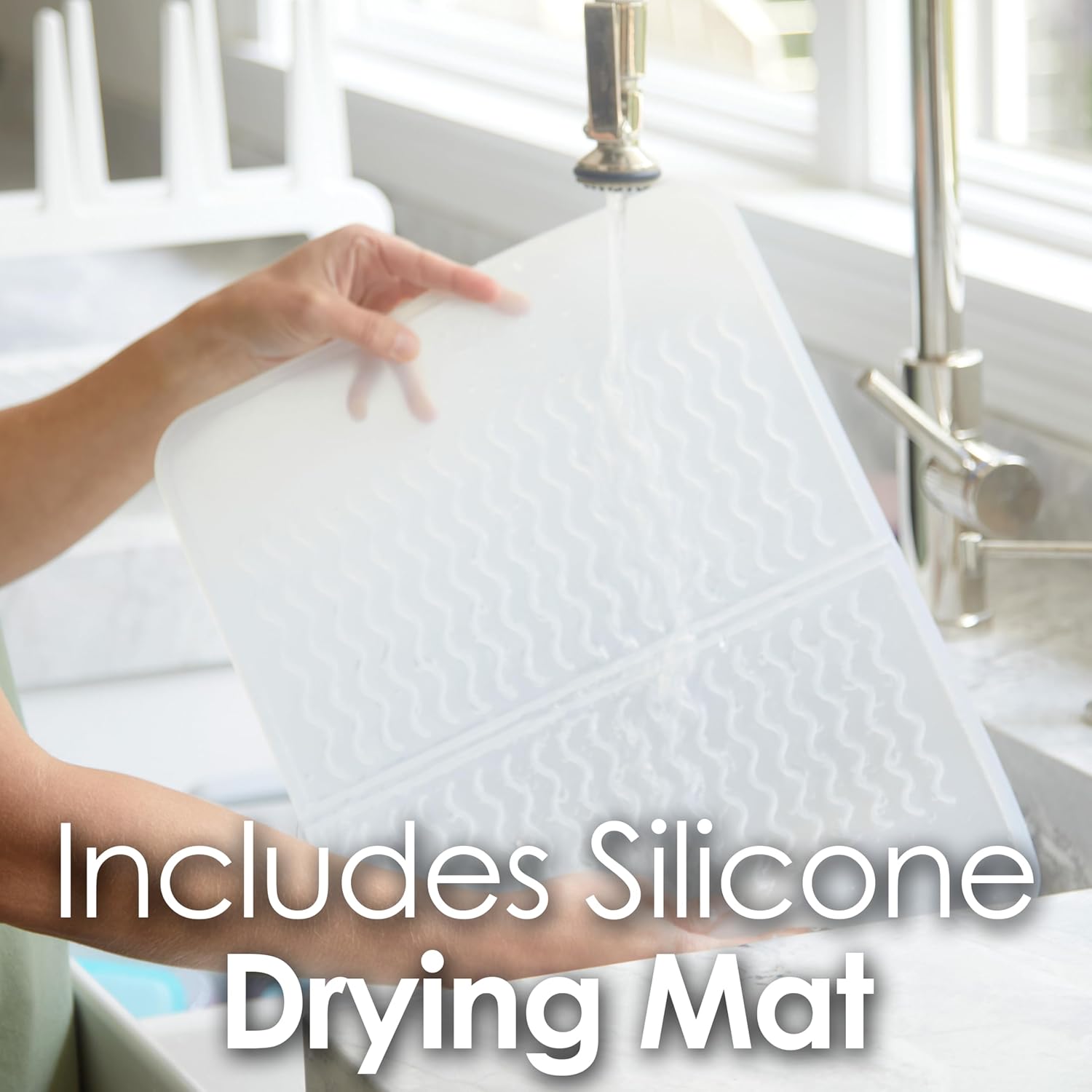 PopYum Glacier White Space Saving Drying Rack from 100% Recycled Bottles with Clear Frosted Silicone Drying Mat, countertop for Baby Bottles, Plastic Bags, Cups, Glass, tumblers, Compact