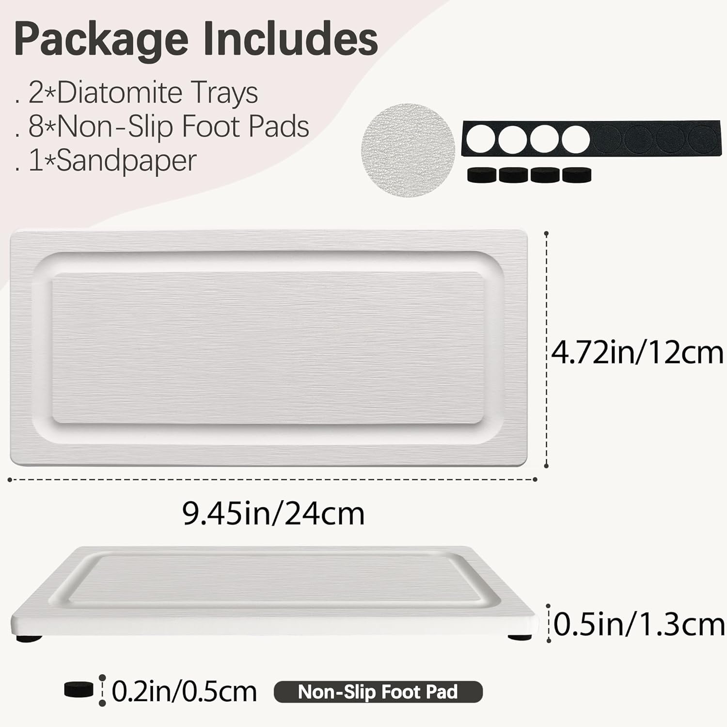 2 PCS Fast-Drying Stone Trays for Bathroom Sink & Kitchen Counter, Water Absorbing Diatomite Sink Coasters, Vanity Tray, Hand Soap Holder with Anti-Skid Pads (9.5" x 4.7" White)