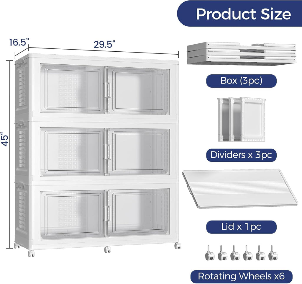 120GAL Extra Large Storage Bins with Lid, 480Qt Stackable Closet Organizers and Drawers, Collapsible Storage Bins with Wheels, Folding Storages Cabinet for Home Bedroom Office, 3Pack White