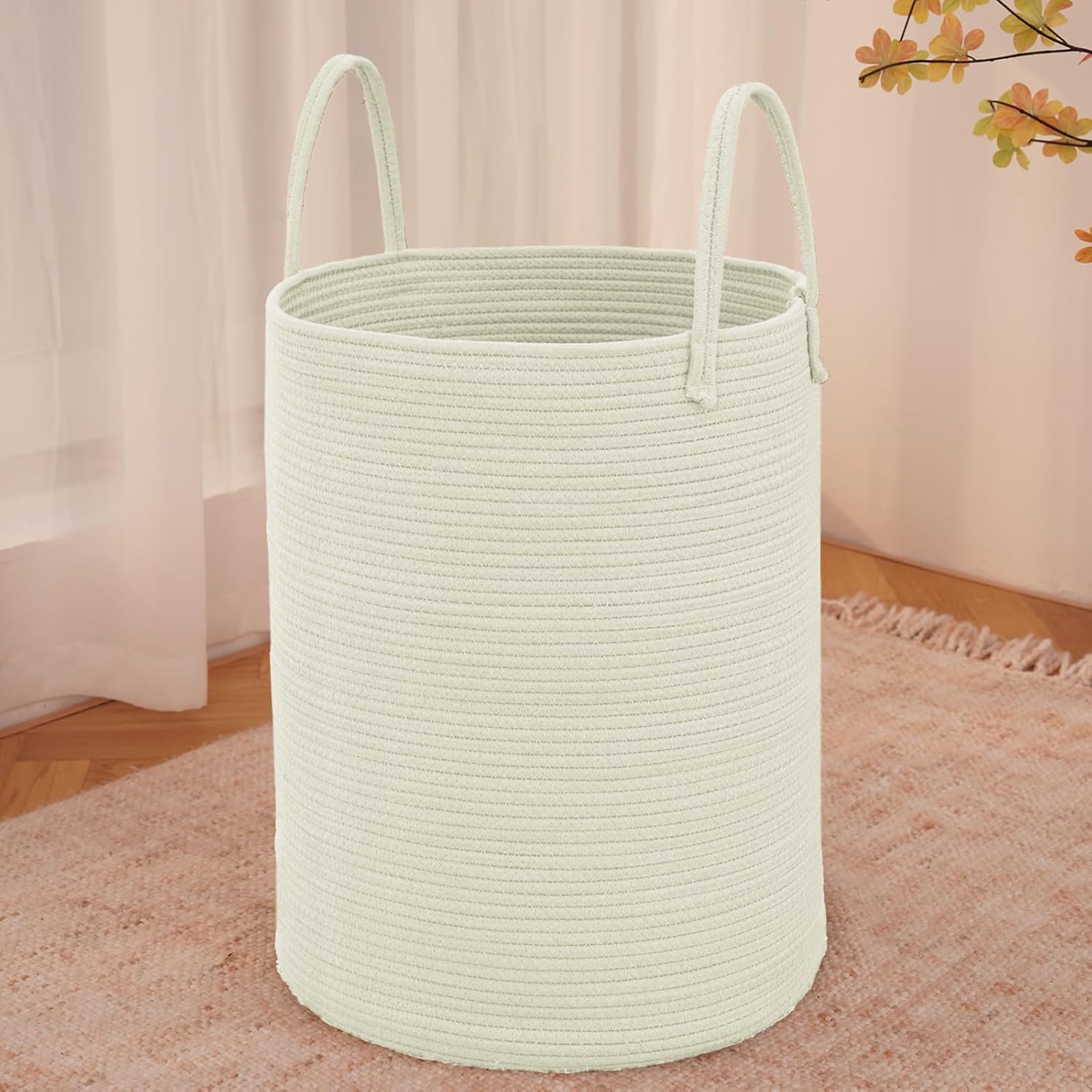 Large Woven Laundry Basket Hamper,80L Cotton Rope Storage Bin for Blankets,Toys and Clothes,Decorative Tall Nursery Hamper for Living Room,Baby Nursery,Bathroom and Bedroom,White
