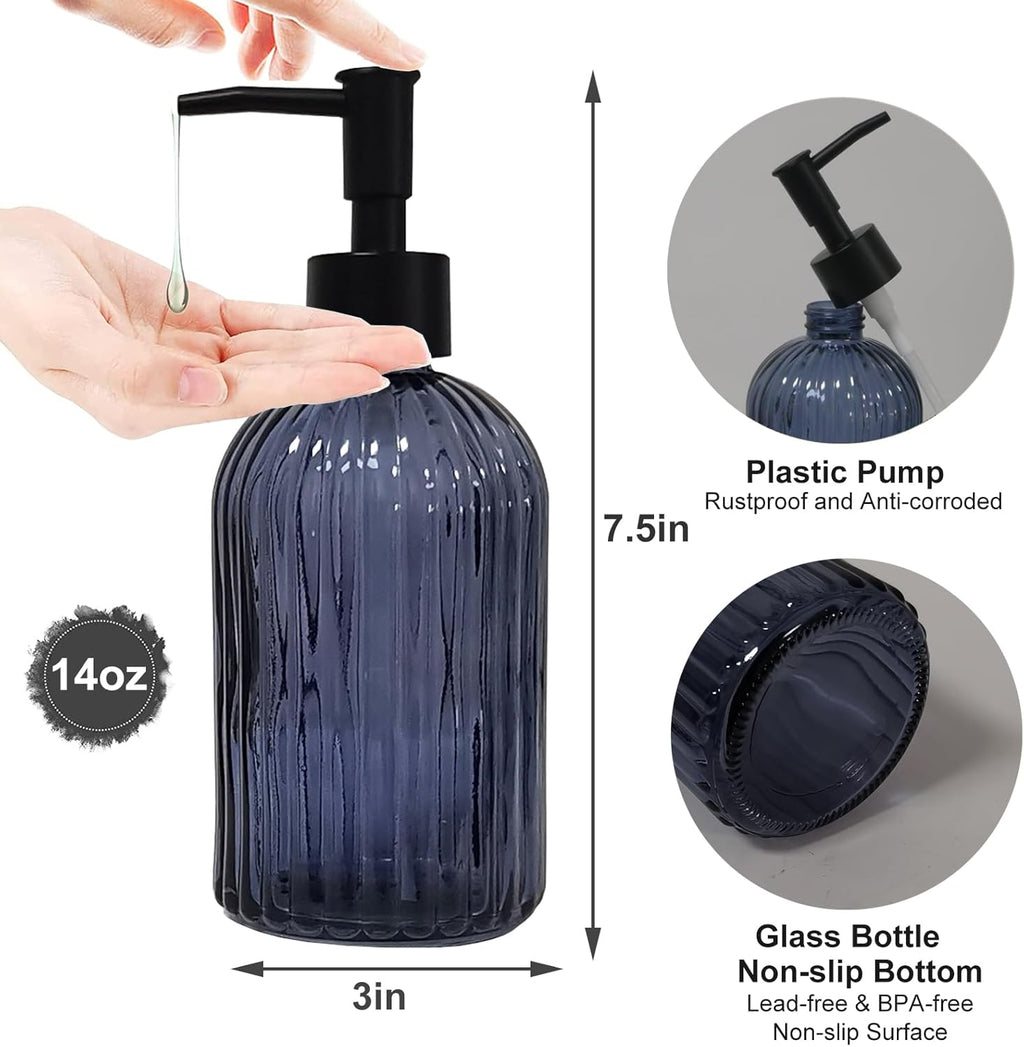 Glass Soap Dispenser with Black Plastic Pump, 13.5oz Refillable Hand Soap Dispenser for Kitchen, Bathroom, Great for Lotions, Essential Oil, Liquid Soap(Grayish Blue)