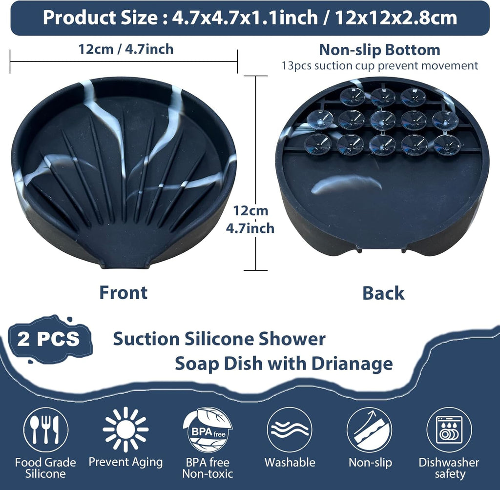 Self Draining Soap Dish, Silicone Suction Cup Soap Holder Tray Savers Container Sponge Holder for Bar Bathroom Shower Kitchen Sink, Can Extend Soap Life (2, Marble)