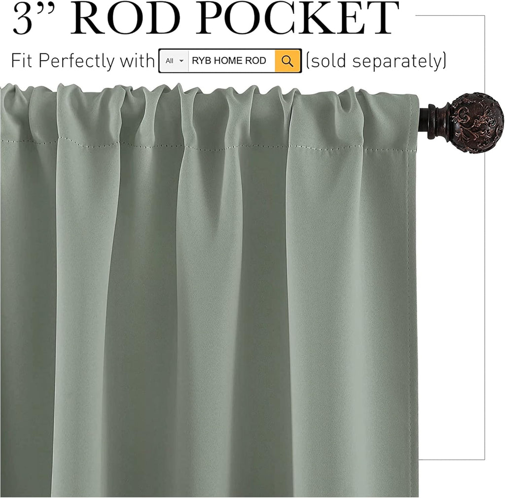 RYB HOME Bedroom Curtains Blackout - Light Block Energy Efficiency Small Window Treatment Drapes for Kitchen Dining Baby Nursery Morden Decor, W 42 x L 54 inch, Sea Green, 2 Panels