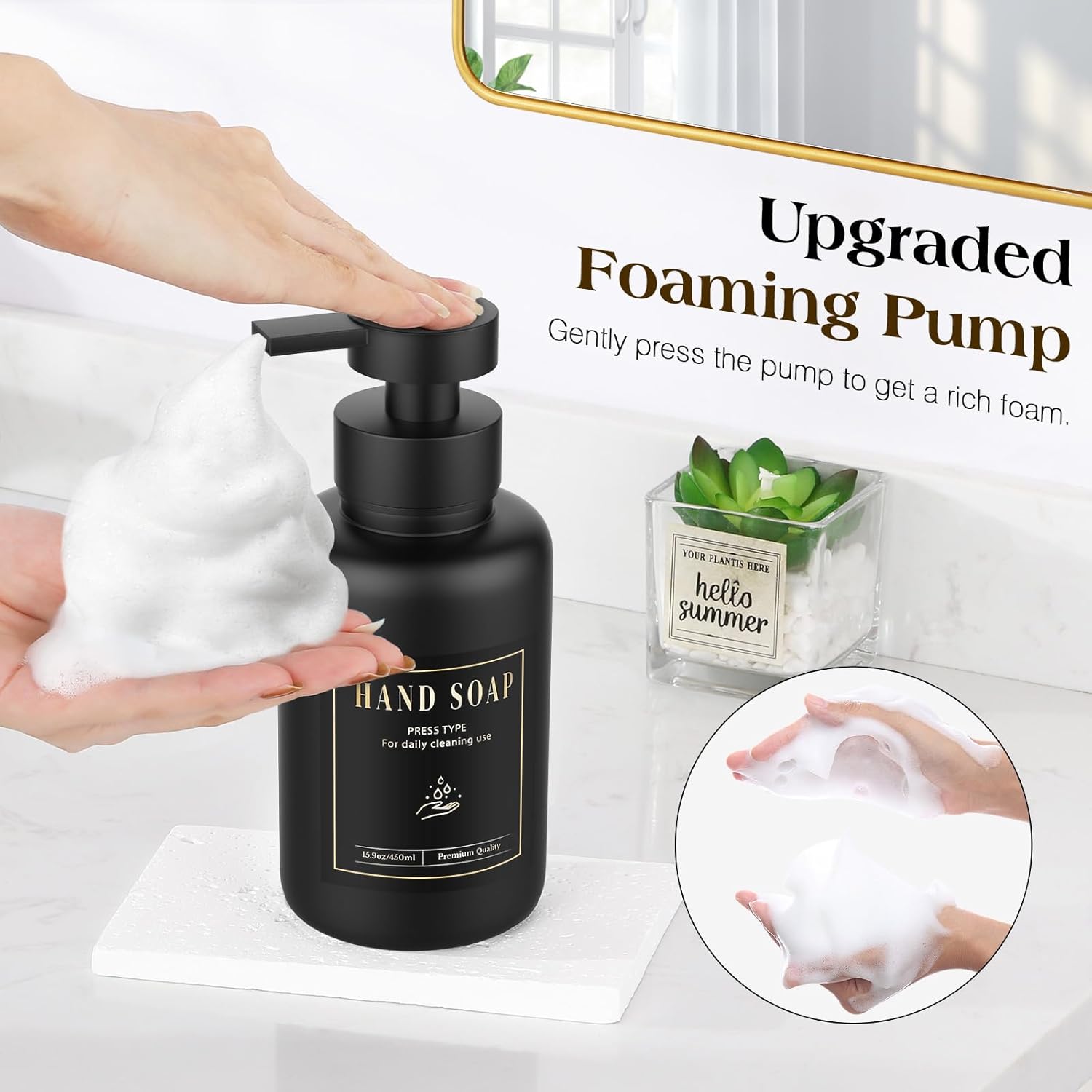 Luxspire Foaming Soap Dispenser, Glass Foam Pump Soap Dispenser, Non-Slip Hand Soap Container with 5 Waterproof Labels, 15 Oz Refillable Liquid Soap Holder for Bathroom & Kitchen, Black, 2 Pack