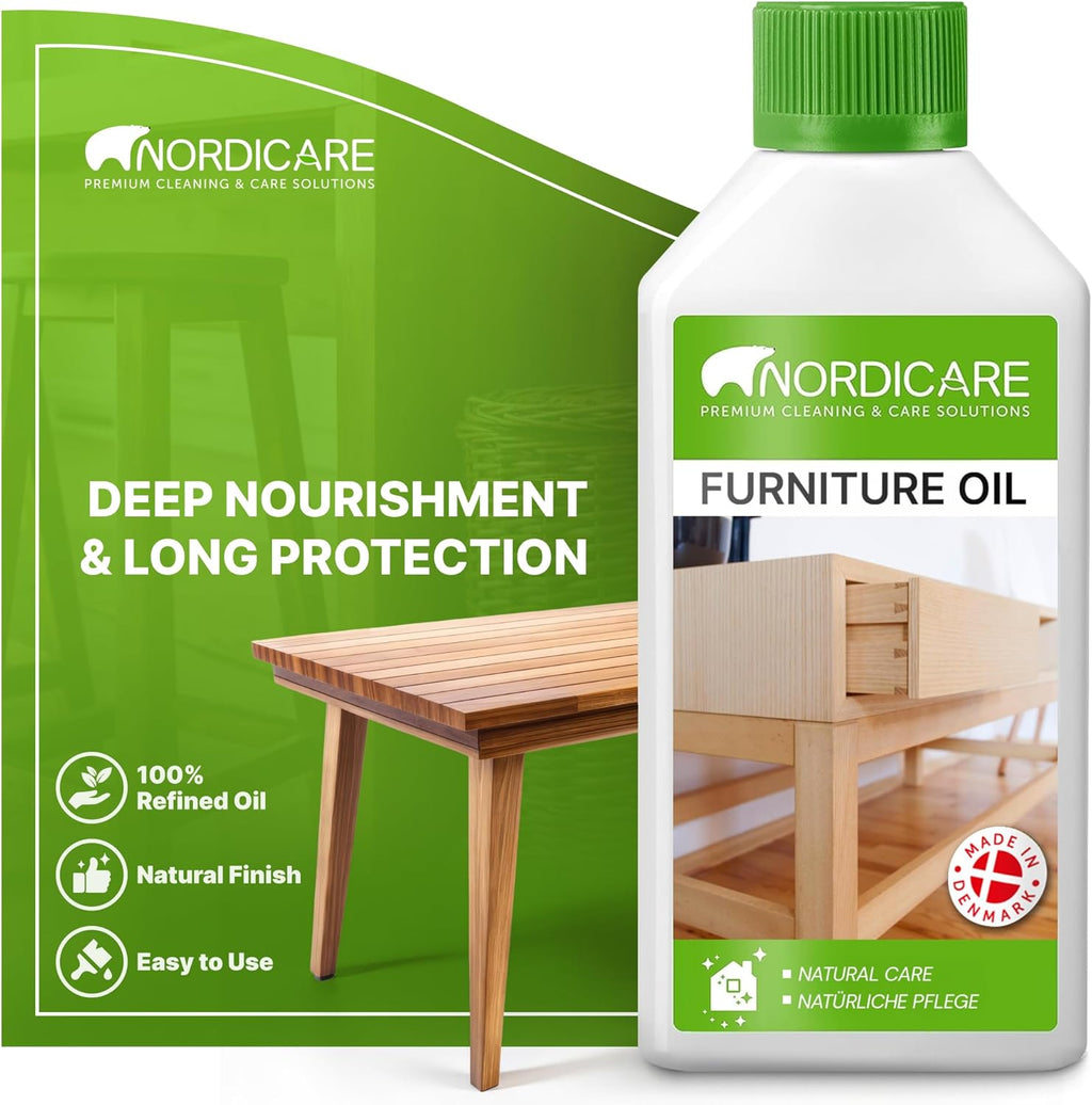 Nordicare Wood Oil Colorless - Premium Walnut Oil, Teak Oil, Wood Oil Furniture for Oak, Beech, Teak, Walnut, Pine, Larch - Natural Furniture Wood Oil - Made in Denmark - for Indoor Use (16.9 oz)