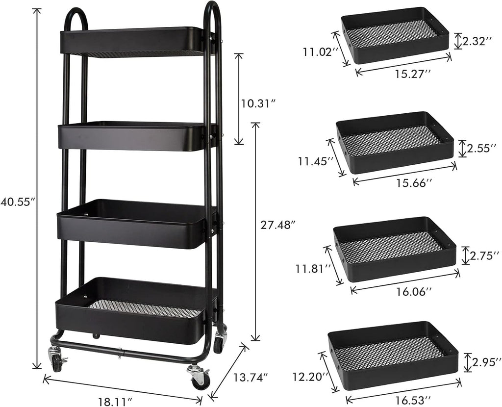 elabo 4-Tier Metal Mesh Utility Rolling Cart, Storage Organizer Trolley Services Cart with Lockable Wheels for Kitchen, Bathroom, Living Room (Black)