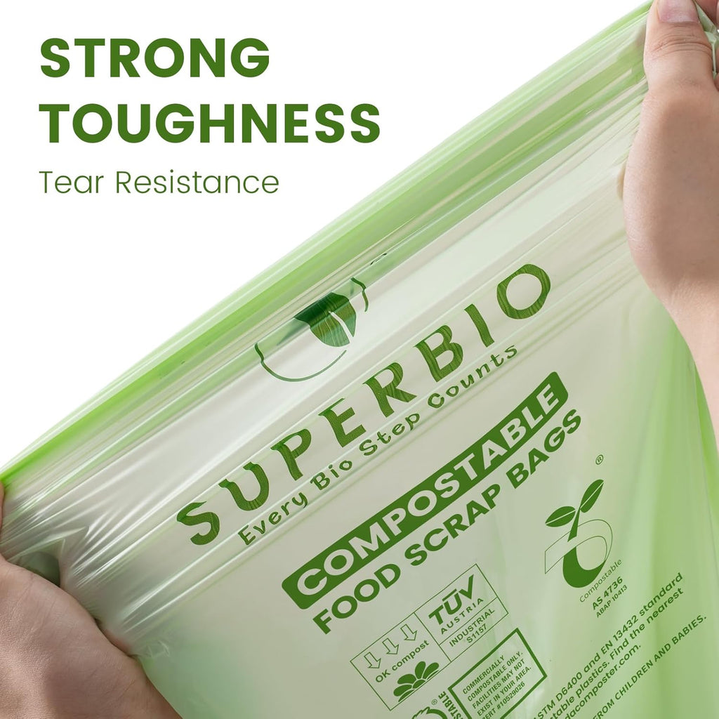 SUPERBIO 2.6 Gallon Flat Top Compostable Food Waste Bags, 100 Count, 2 Pack,9.84L, Food Scrap Bags, BPI Certified and OK compost INDUSTRIAL
