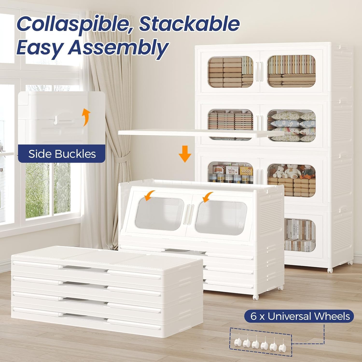 150GAL Extra Large Storage Bins with Lid, 600QT Storage Bins with Wheels, Folding Closet Organizer, Stackable Collapsible Plastic Storage Containers for Home, Office, Dorm, 3Pack White