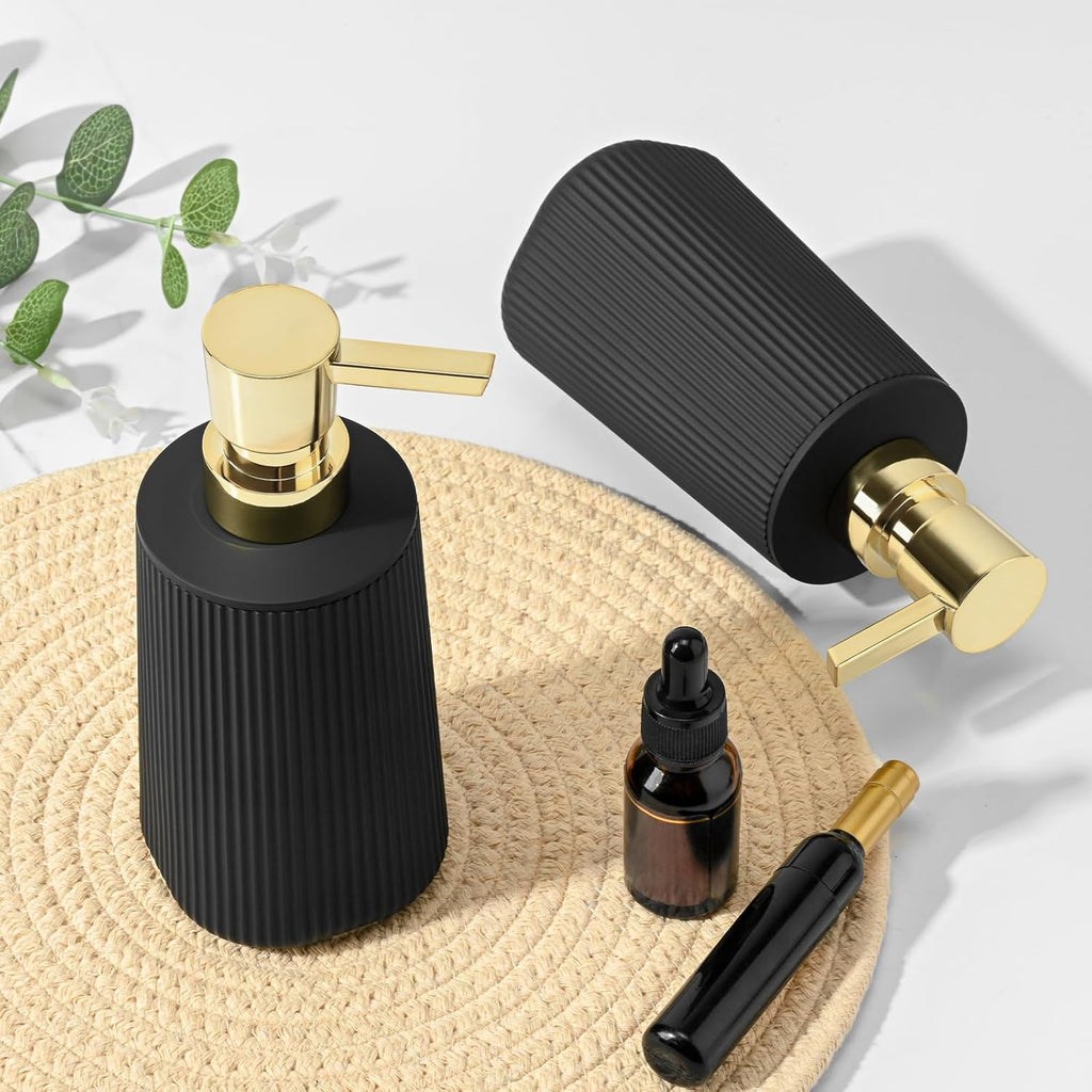 Black and Gold 2 Pack Hand Soap Dispensers with No Rust Pump for Bathroom and Kitchen Countertops Refillable Striped Matte Plastic 8.5 oz