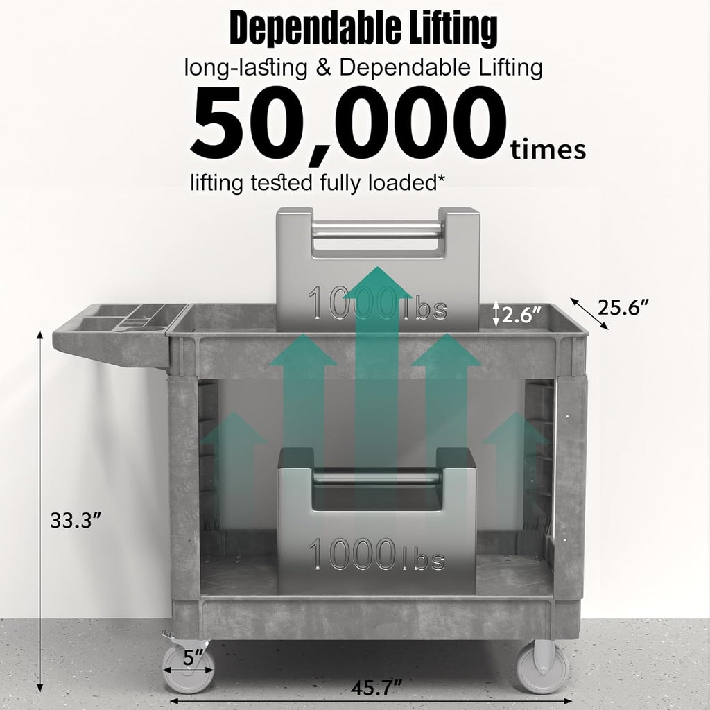 Utility Cart on Wheels, 1000 lbs Capacity Rolling Service Cart, 45 x 25 Inch Work Carts, 2 Shelf Heavy Duty Plastic Tool Cart, Lipped Shelves, for Warehouse, Garage, Cleaning, Gray
