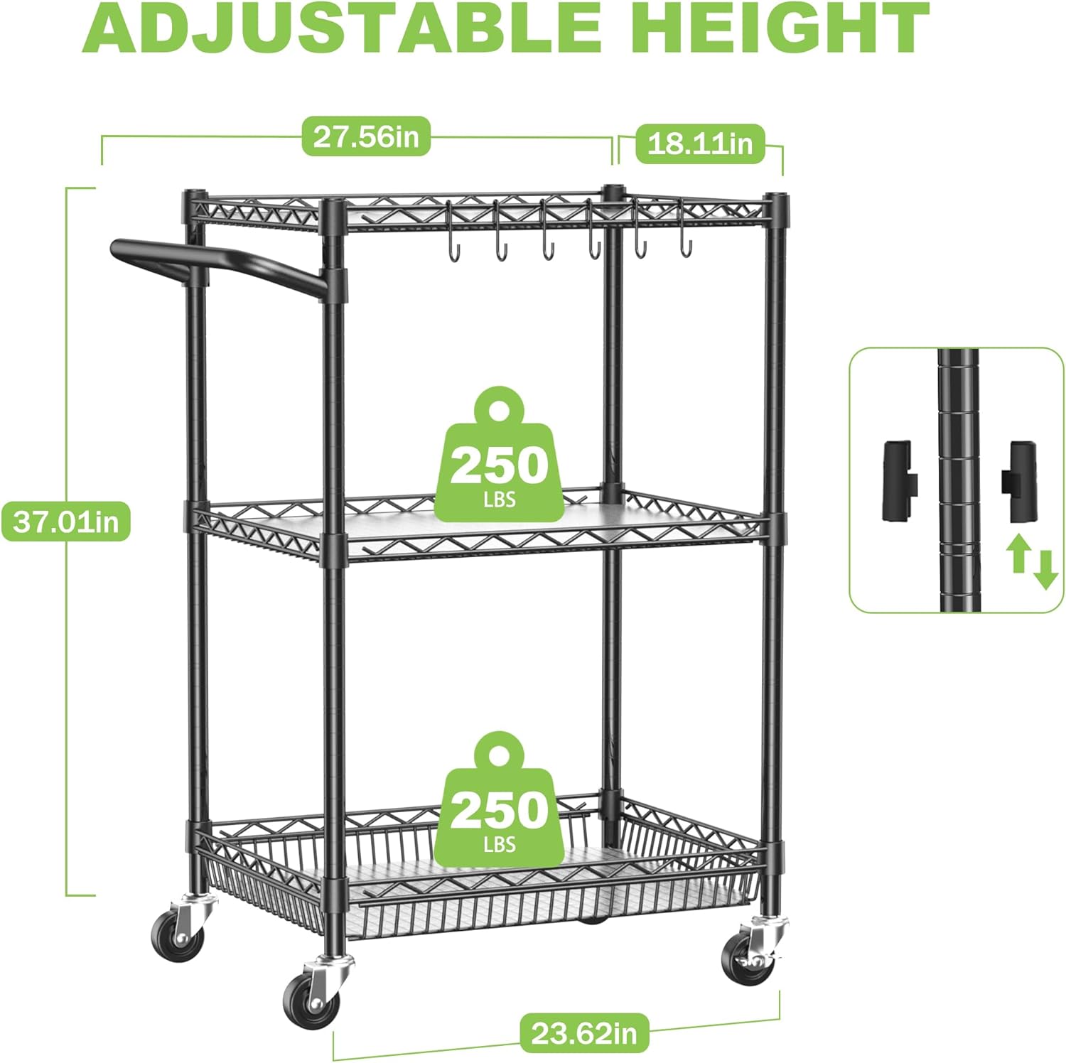 Metal Steel Wire Cart with Wheels, 3 Shelf Rolling Cart, Kitchen Trolley with Handle Bar&Shelf Liner, Commercial Grade Mobile Storage Cart for Kitchen, Living Room, Laundry, Grocery