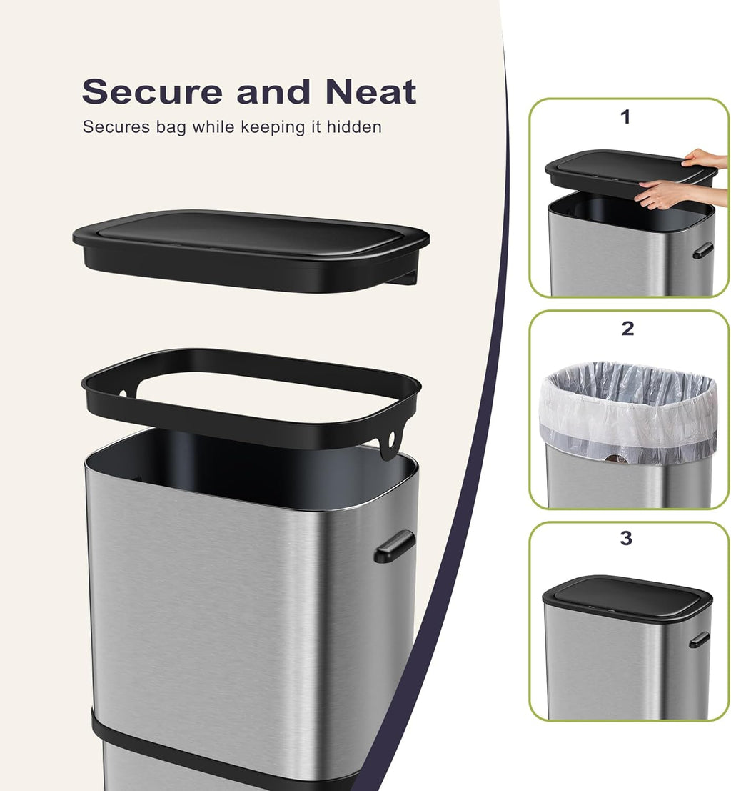 16 Gallon Kitchen Trash Can with Lid, 60L Touchless Motion Sensor Trash Can, Waterproof Brushed Stainless Steel Trash Bin, Automatic Garbage Can for Bedroom, Bathroom, Office, Living Room