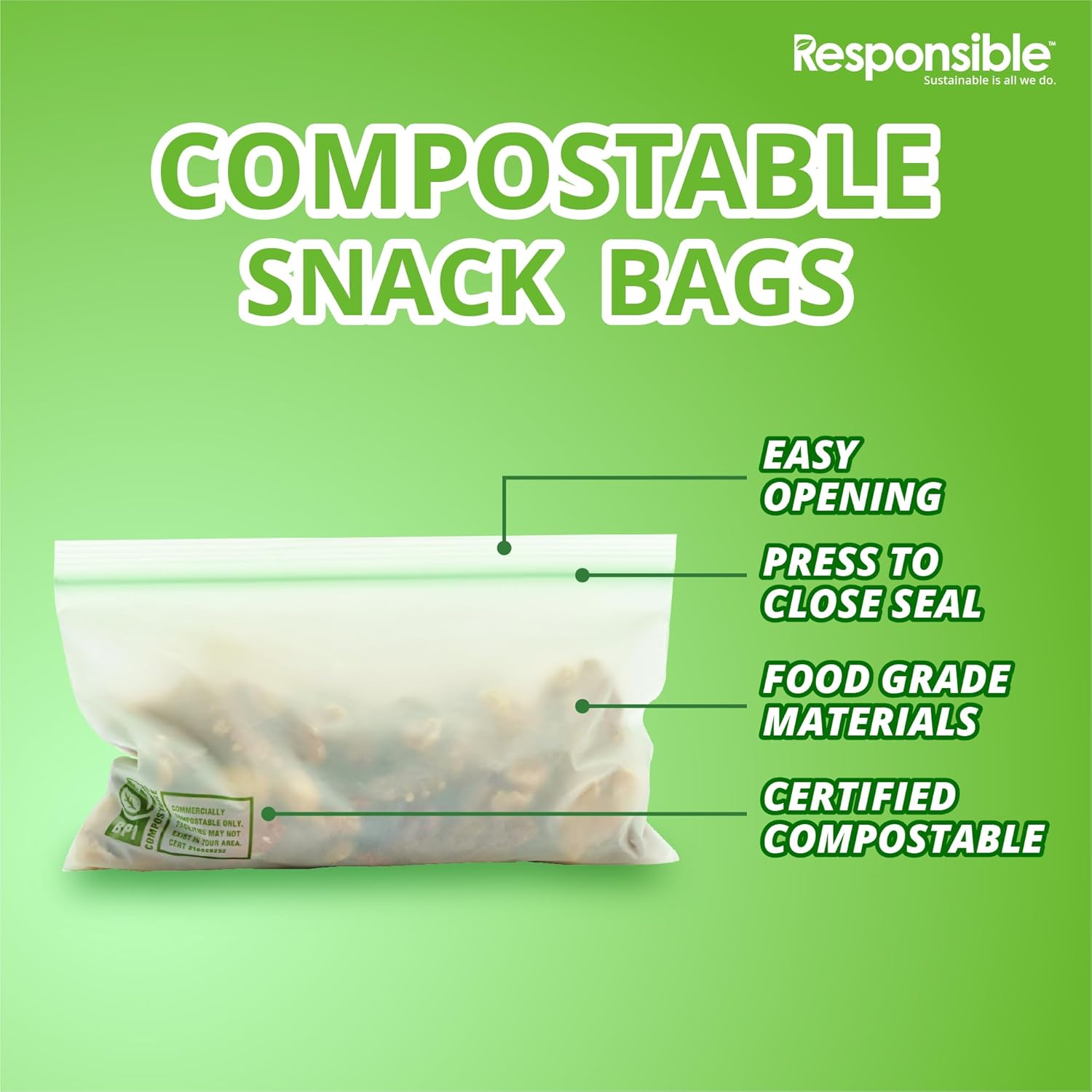 Responsible Products Certified Compostable SNACK Resealable Zip Bag, Extra Strength Food Bags, Plant-Based Freezer-Safe (92 Pack)