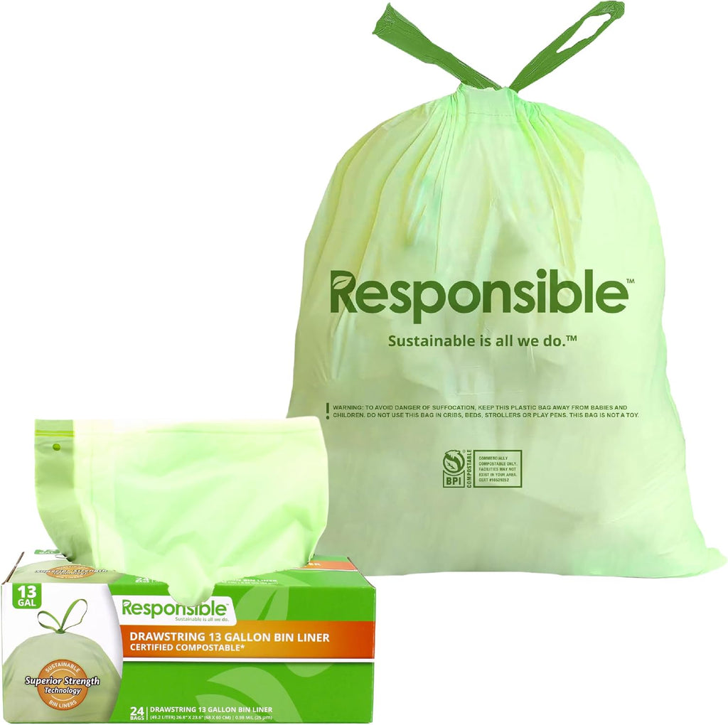 Responsible Products Kitchen Bin Liners, Certified Compostable, Heavy Duty Multipurpose Food Scrap Bags, Made from Compostable Materials (13 Gallon, 13 Gallon (120 Count))