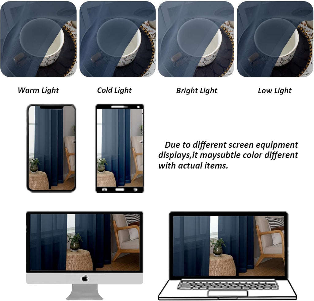 Chyhomenyc Sheer Valances for Windows 2 Pack, Small Window Curtains for Living Room Bathroom Cafe Laundry Basement, Modern Top Dual Rod Pocket Voile Curtain, 42W x 18L inches, Navy Blue