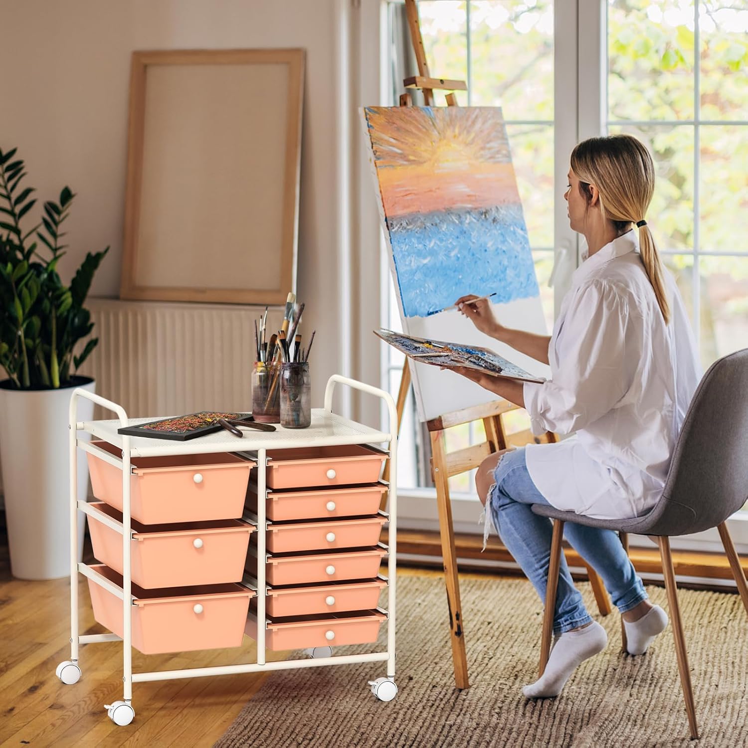 GOFLAME 9-Drawer Rolling Storage Cart, Mobile Utility Cart with Removable Drawers & Metal Frame, Art Craft Organizer Cart with Lockable Wheels, Storage Drawer Cart for Home Office School, Peach Fuzz