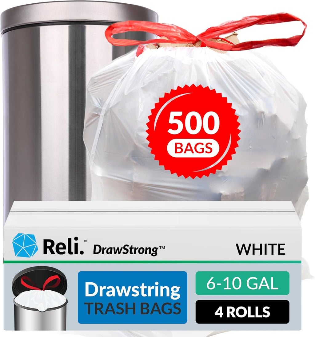 Reli. 6-10 Gallon Trash Bags Drawstring | 500 Count Bulk | 22"x23" | 6, 8, 10 Gallon Drawstring Garbage Bags | White Trash Can Liners | Small - Medium